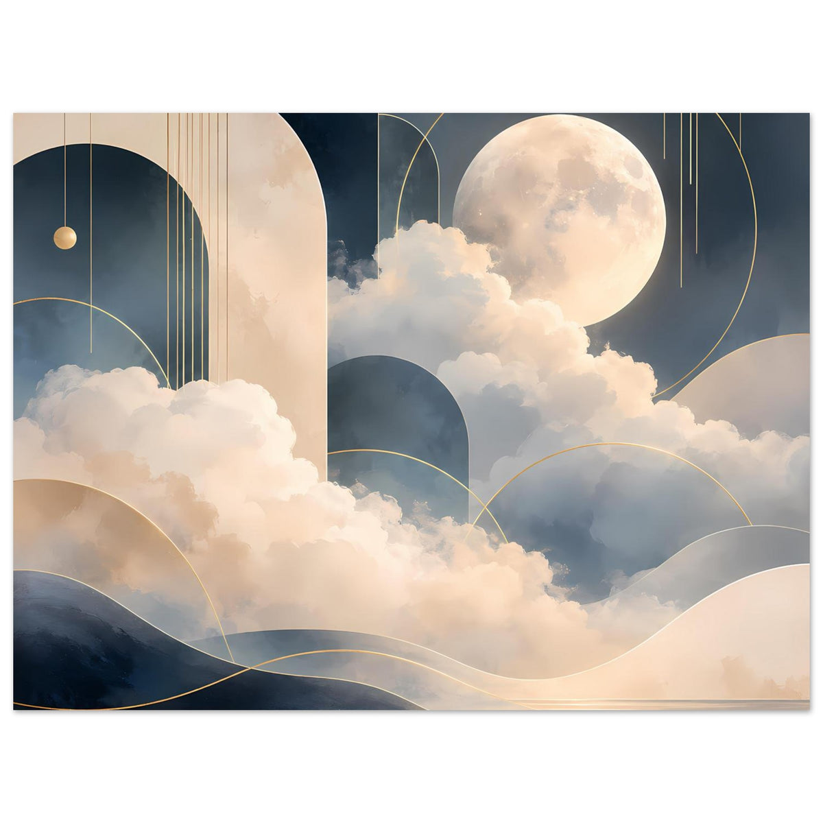 Abstraktes Poster mit Mond, Wolken und goldenen Halbkreisen vor türkisblauen Formen