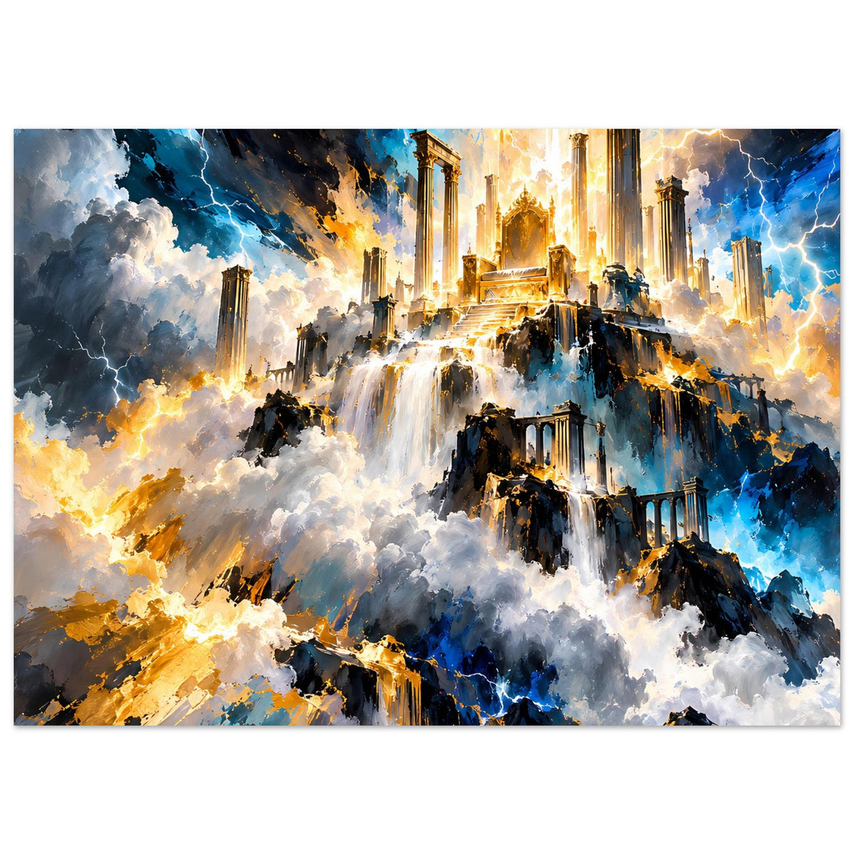 Fantasy-Poster horizontal: Ruinenberg mit Wasserfällen, goldenen Lichtstrahlen, blauen Wolken und Säulen