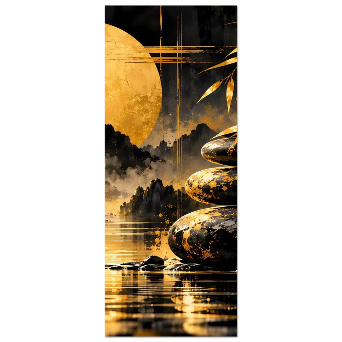 Vertikales Zen-Poster, schmaler Ausschnitt mit Goldmond, Steinen und Bambusdetails