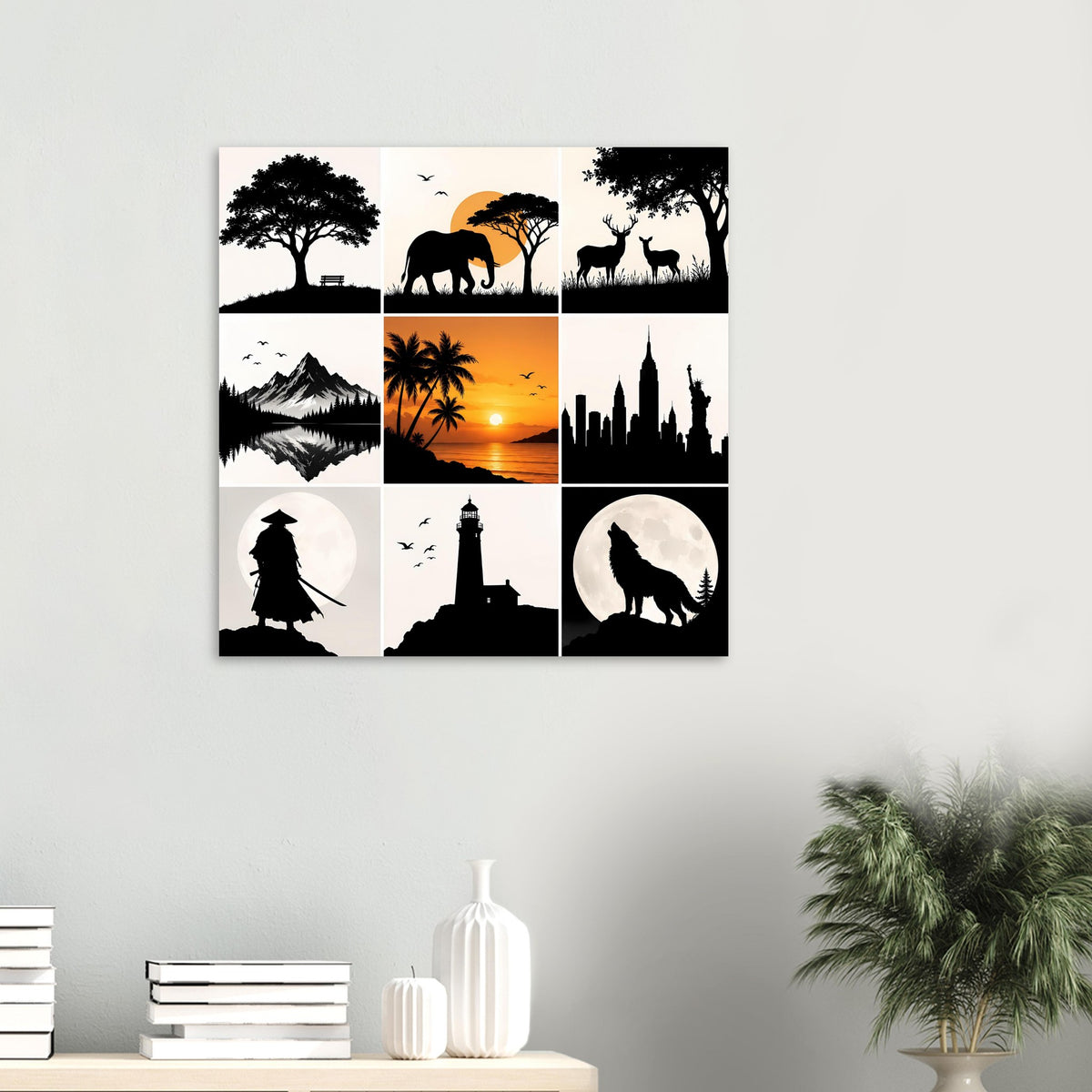 Kunstdruck-Poster mit 3x3 Panels: Palmen-Sonnenuntergang, Skyline, Leuchtturm, Elefant und Wolf
