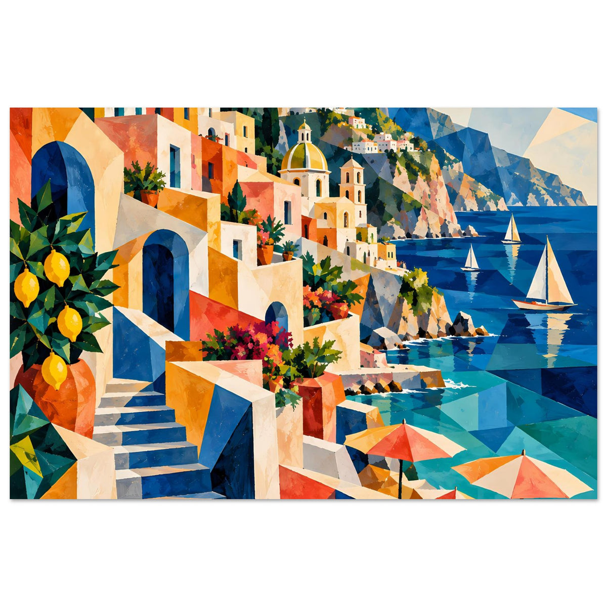 Mediterranes Küstenmotiv-Poster mit bunten Häuserfassaden, Ufer und Segelbooten im Meer