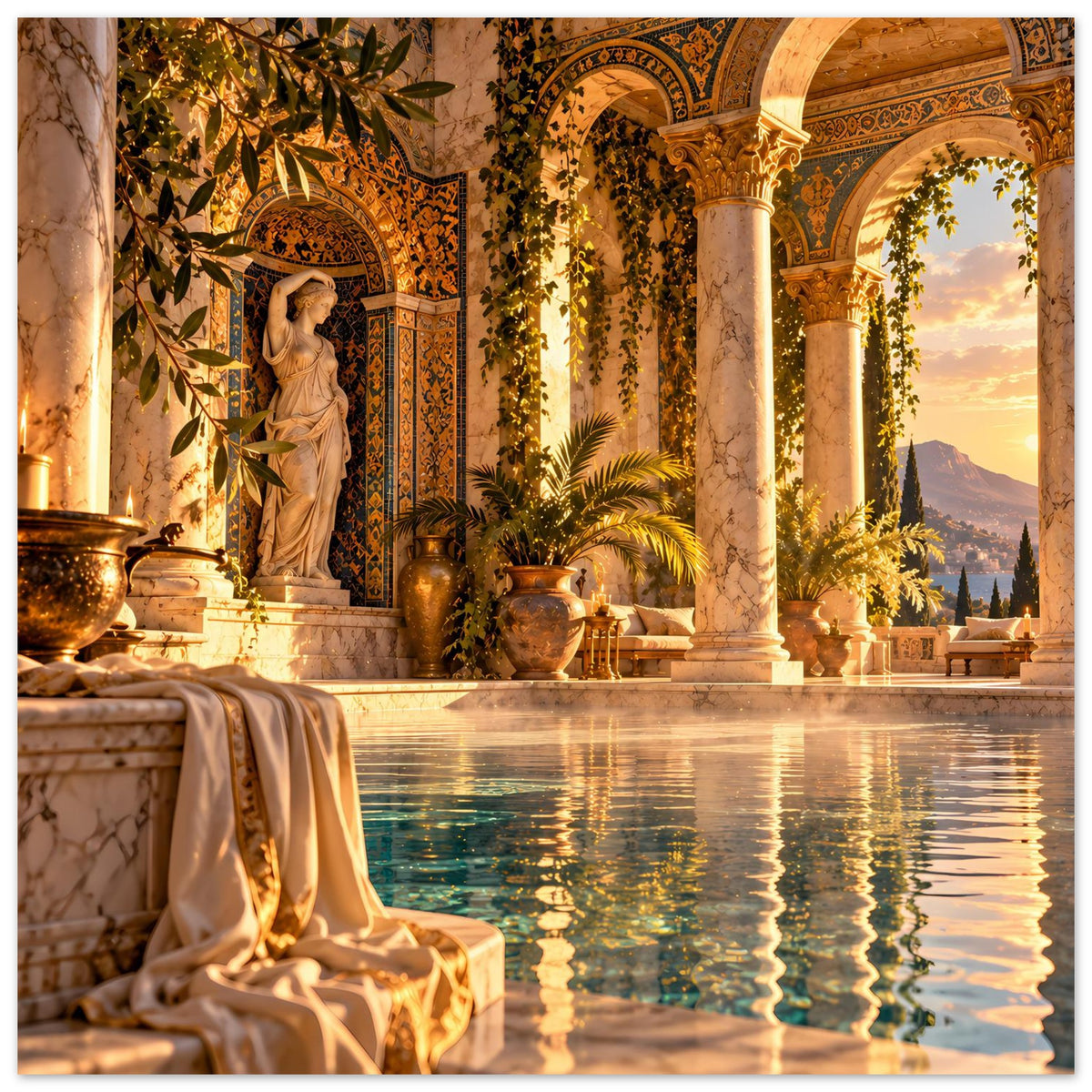 Pool-Poster, Hochformat mit Säulen, Statue, rankenden Pflanzen und Wasserfläche