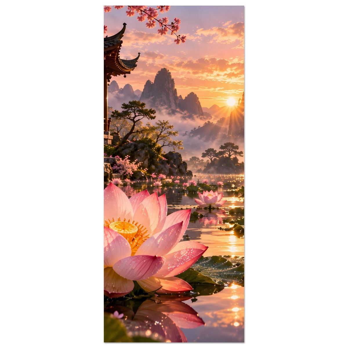 Vertikales Poster mit rosa Lotusblüten, Tempeldach links und Sonnenaufgang am Fluss