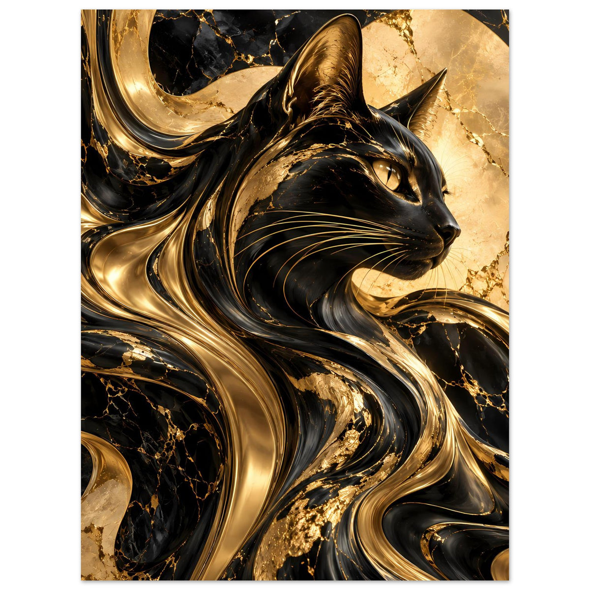 Hochformat-Poster: schwarze Katze im Seitenprofil mit goldenen, schimmernden Strömungen