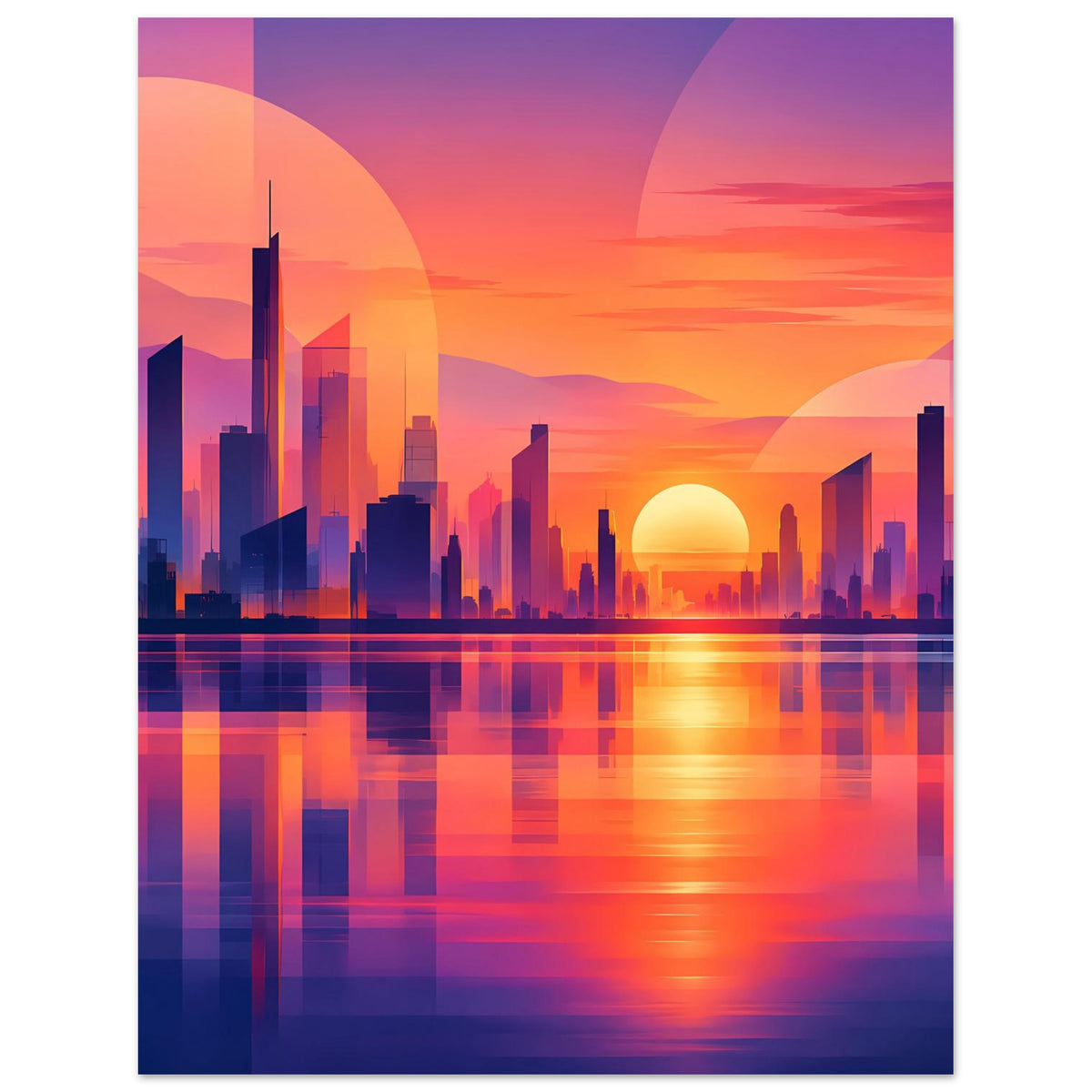 Hochkant-Stadtposter mit Skyline im Neon-Look, Sonnenuntergang und Spiegelung im Wasser