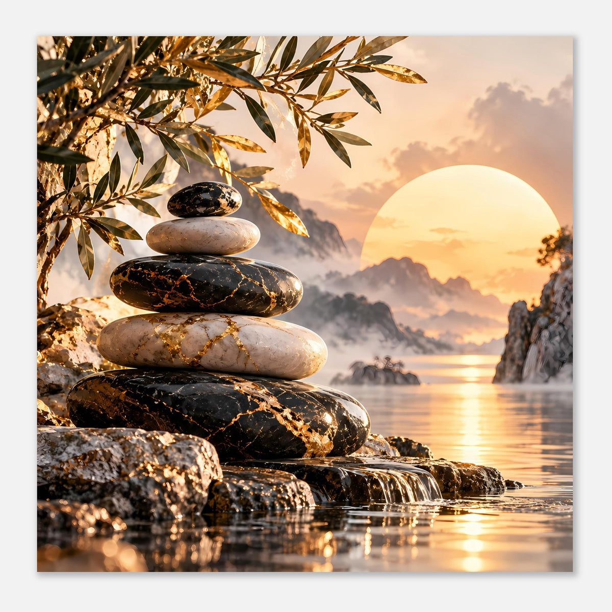 Poster mit Steinhaufen, goldenem Blattwerk, Abendsonne und Wasserfläche im Hintergrund
