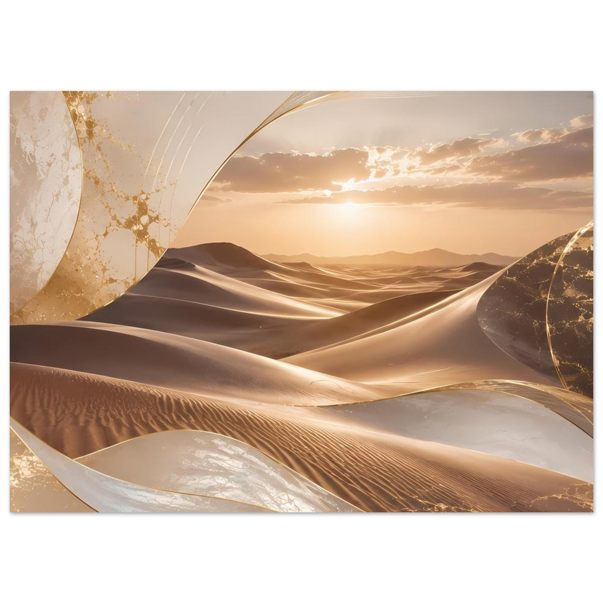 Poster im Querformat mit goldenen Wüstendünen und abstrakten Rundlinien im Sand