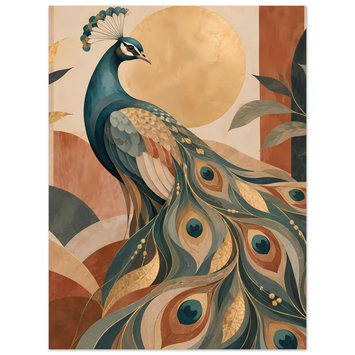 Vertikales Poster mit Pfau im Vordergrund, warmen Erdtönen, türkisgrünem Fächermotiv und Goldpunkten
