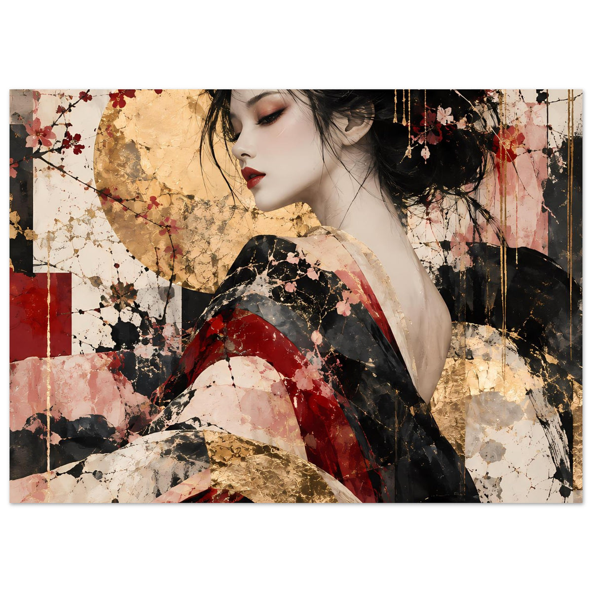 Asiatisches Kunstposter mit Frau in Rot, Rosé und Gold