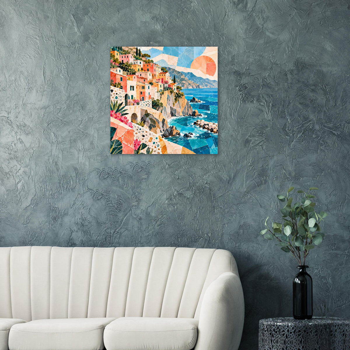 Poster mit mediterranem Küstendorf, Meerblick und farbiger Häuserkulisse
