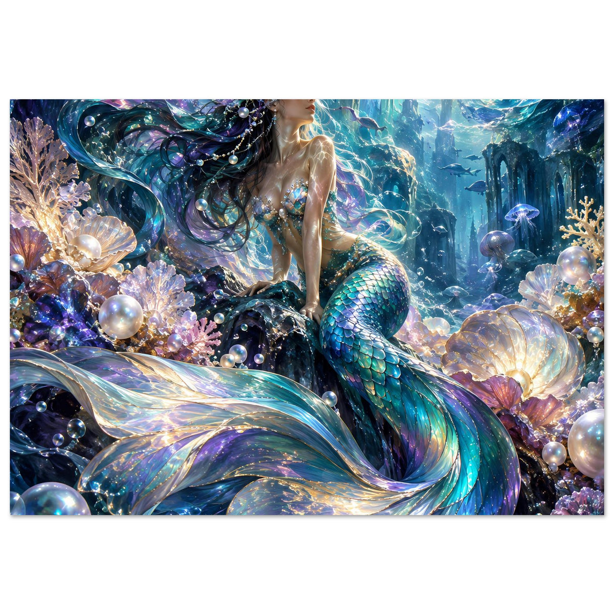 Fantasy-Meerjungfrauenposter: Meerjungfrau im Unterwasser-Look, Perlen, Muscheln und Korallen