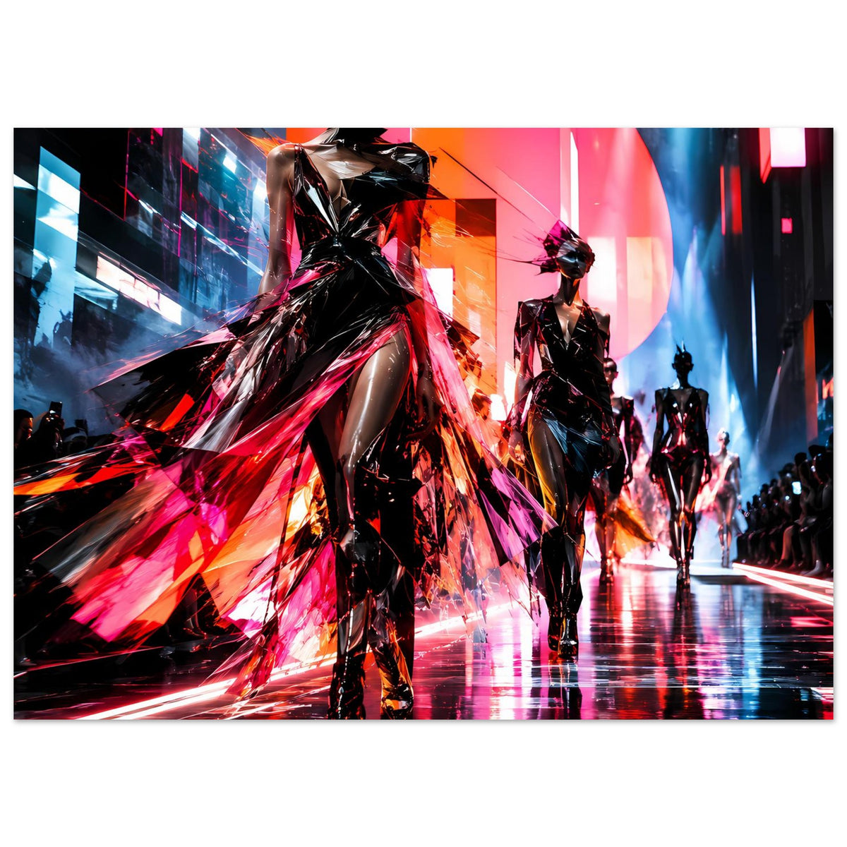 Neon-Fashion-Poster mit mehreren Laufsteg-Silhouetten in Schwarz, Pink, Rot und Blau