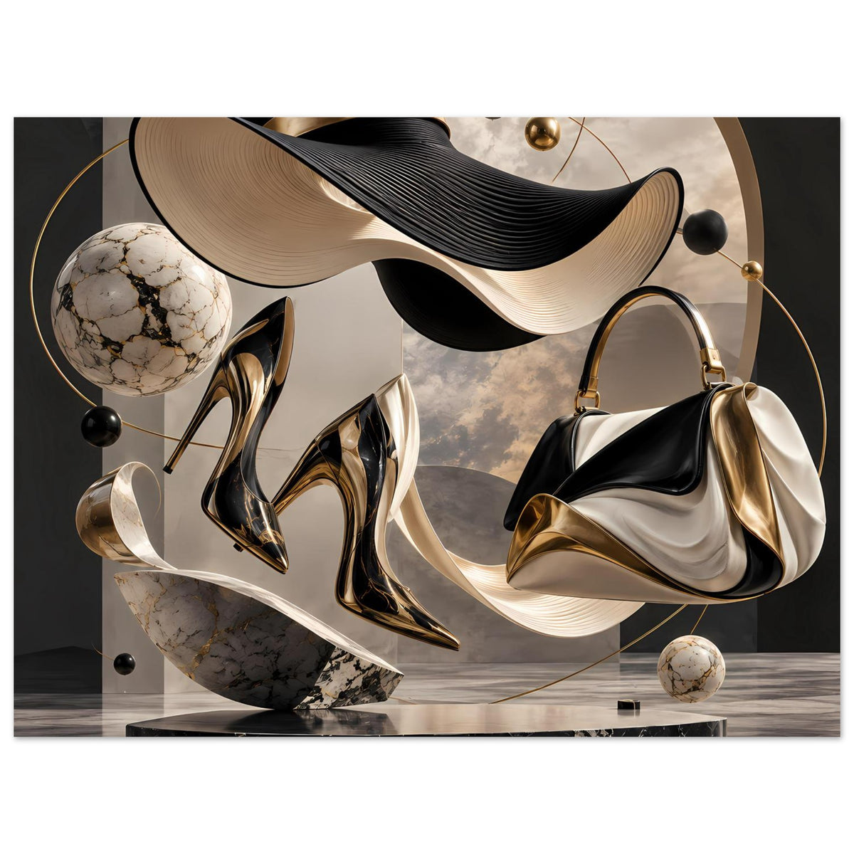 Abstraktes Modekunst-Poster: schwarze und goldene Schuhe, Handtasche und Kugel auf Bühne