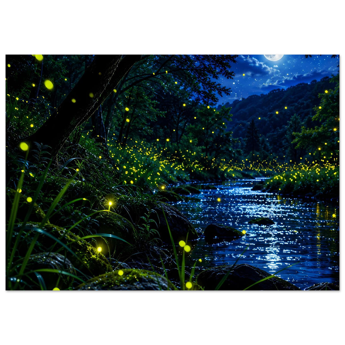 Wandposter (horizontal) mit mondbeschienenem Wald und leuchtenden Glühwürmchen am Wasser