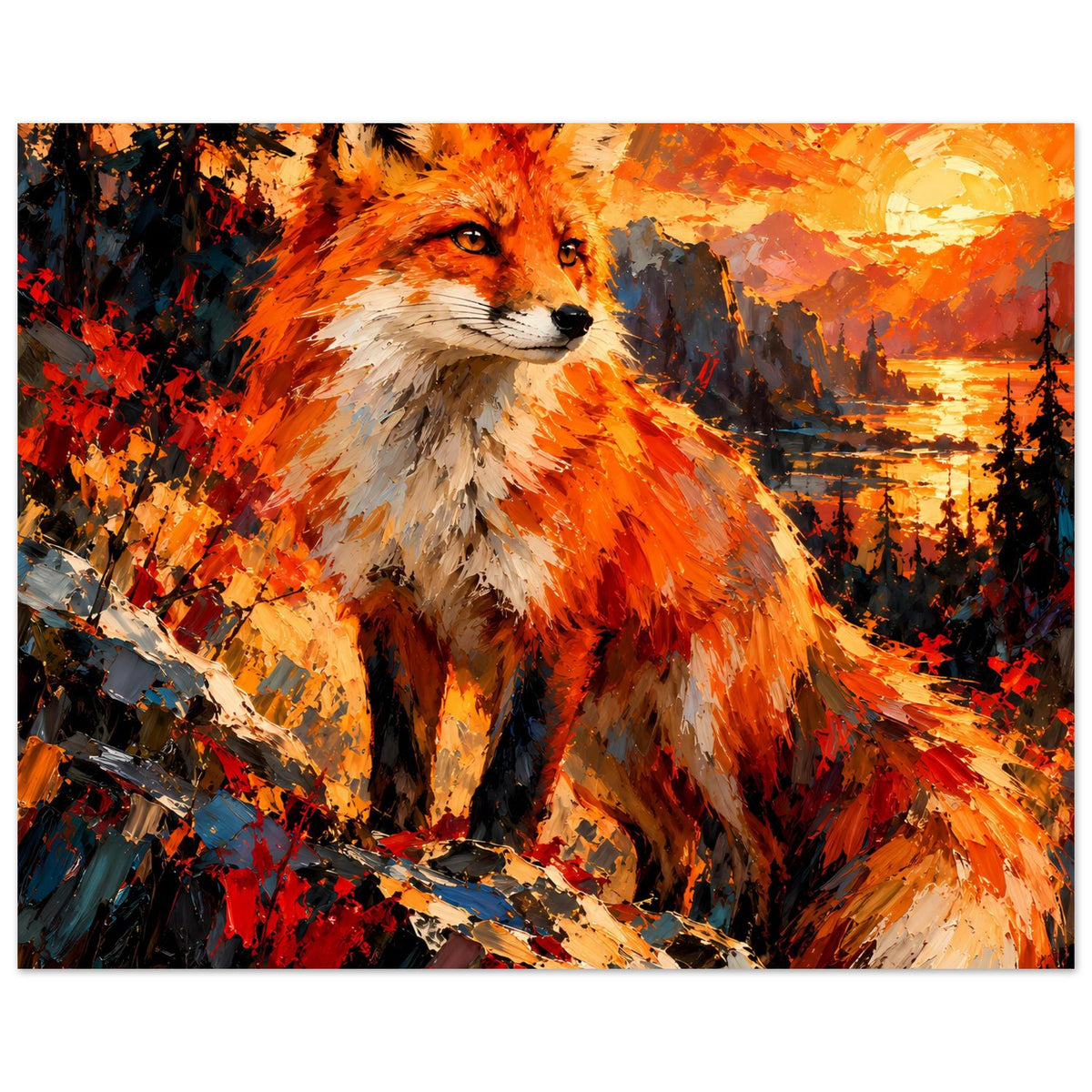 Fuchs-Porträtposter mit orangefarbenem Fell, weißem Halsbereich und geradem Blick