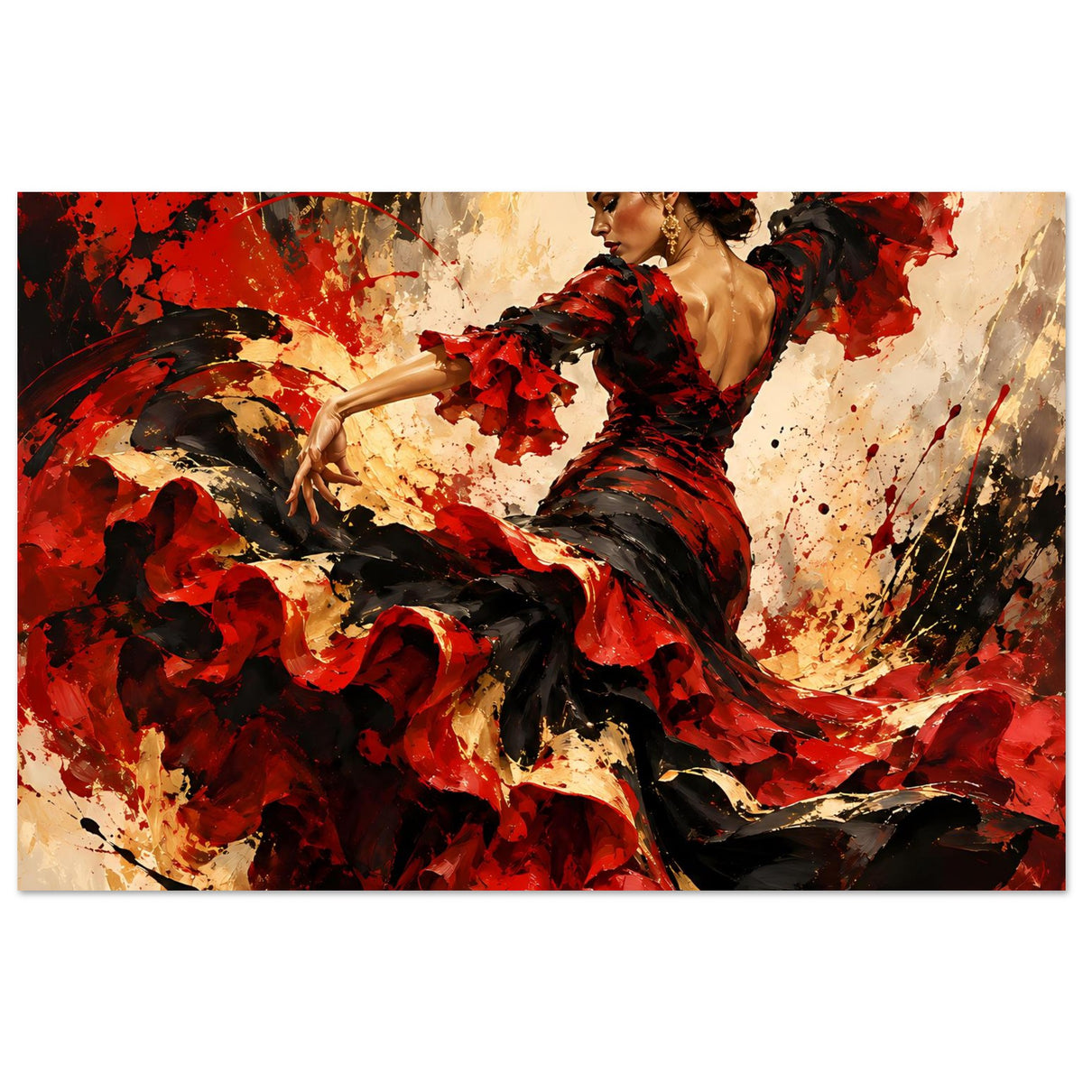 Horizontales Poster mit Flamenco-Tänzerin im roten und schwarzen Kleid, dramatische Rockbewegung
