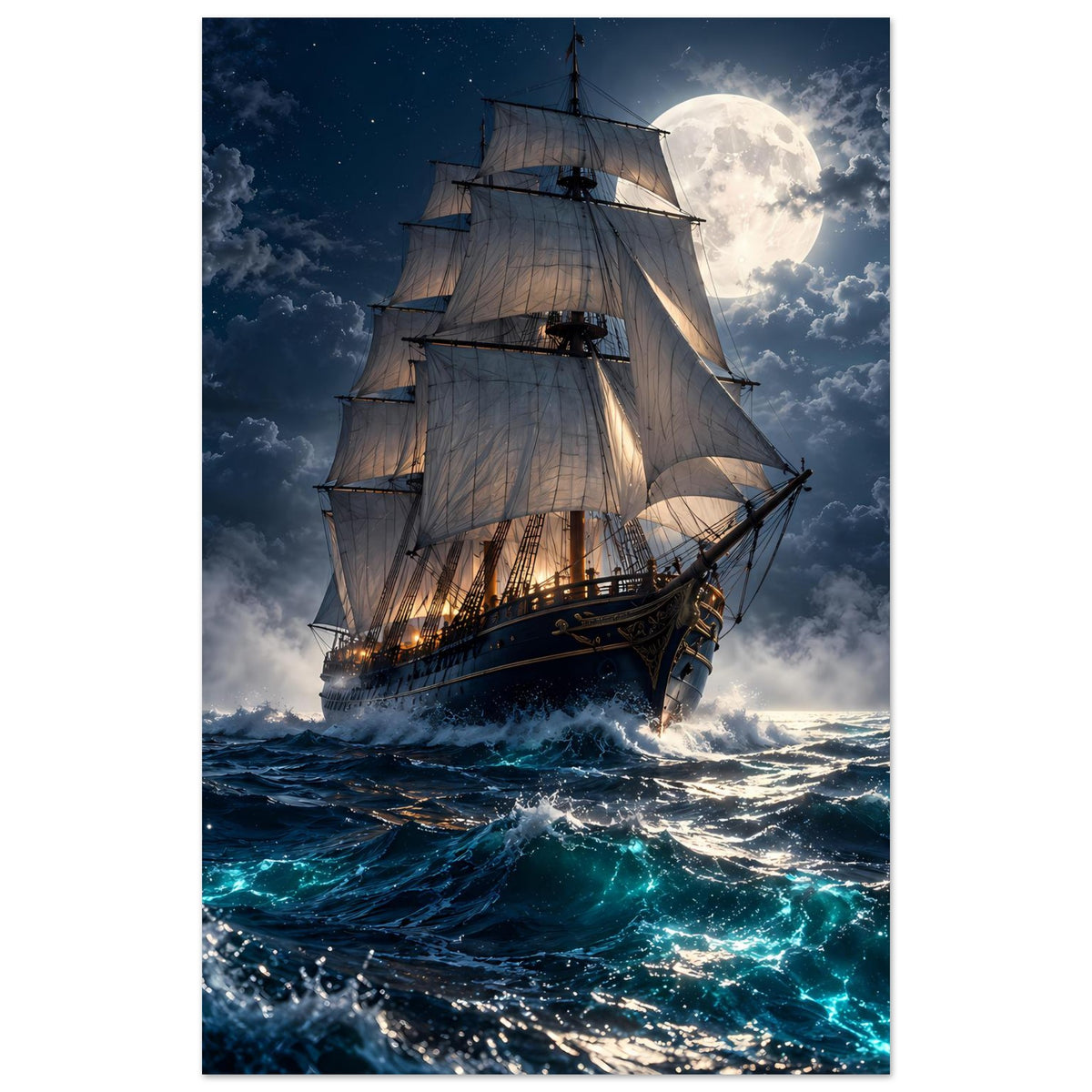 Poster im Hochformat mit Segelschiff bei Vollmond über stürmischer türkis leuchtender See