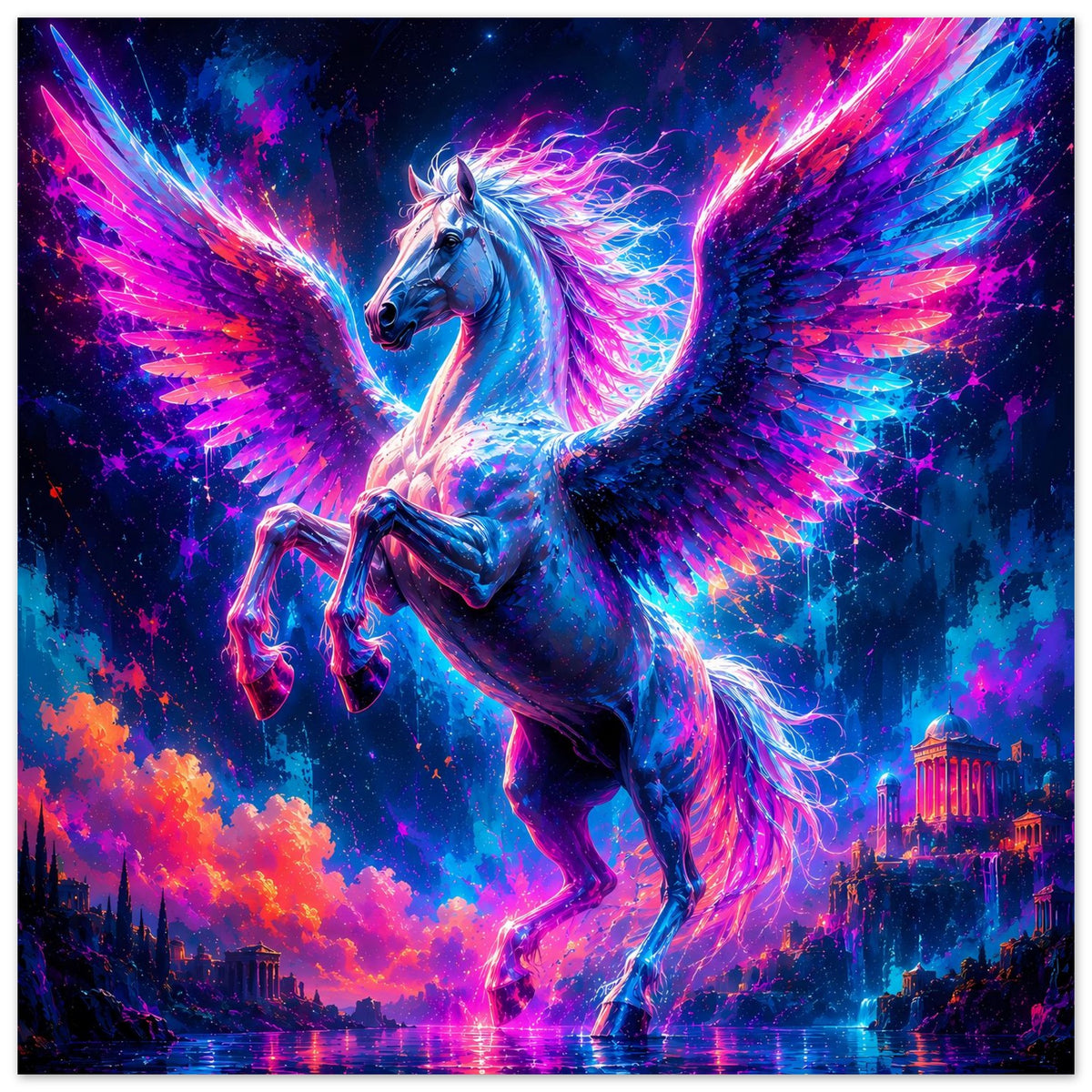 Leuchtendes Pegasus-Motivposter, Pegasus mit Flügeln und leuchtenden Neonakzenten