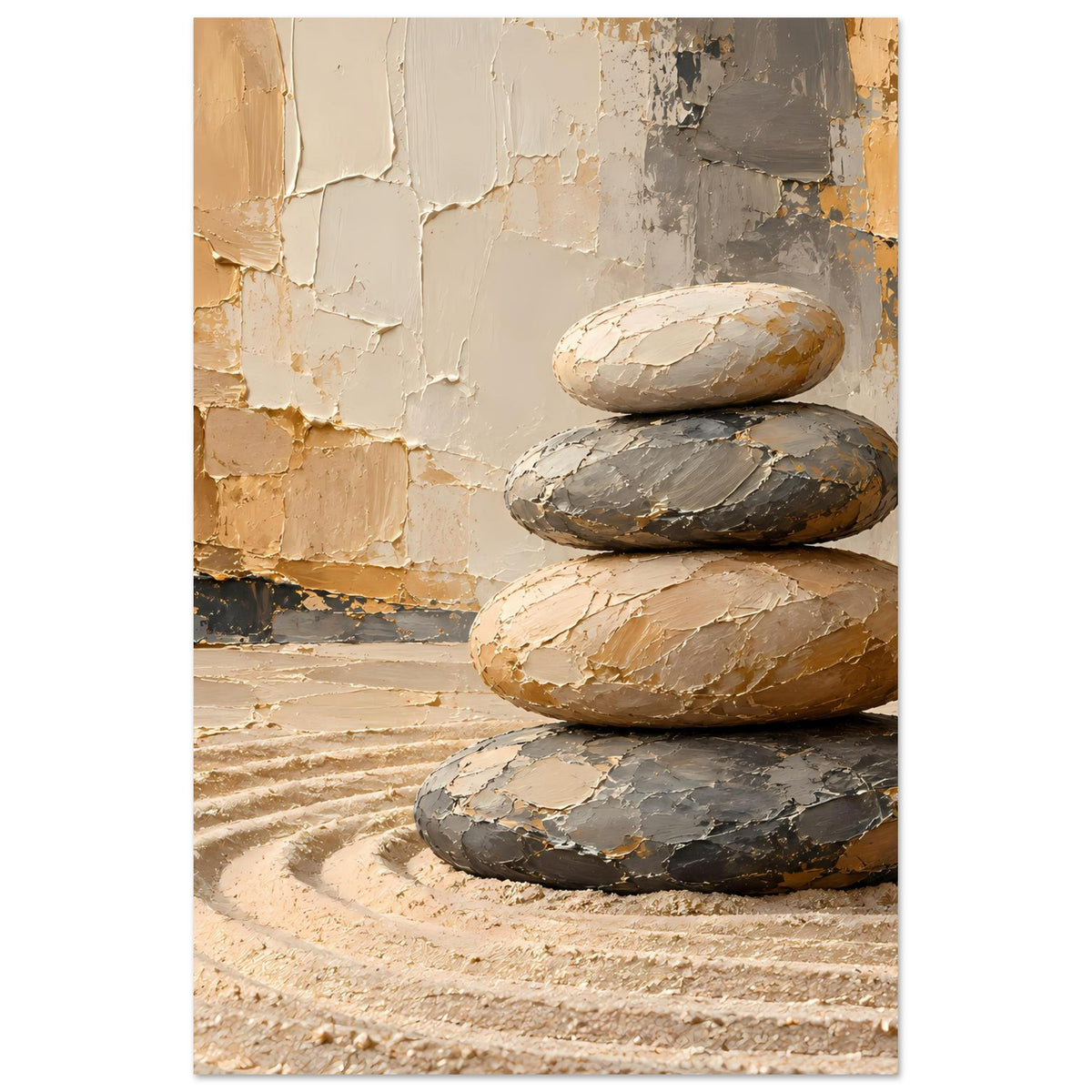 Kunstposter mit Stapel aus drei Steinen auf Sand mit Wellenlinien und warmem Mauerwerk