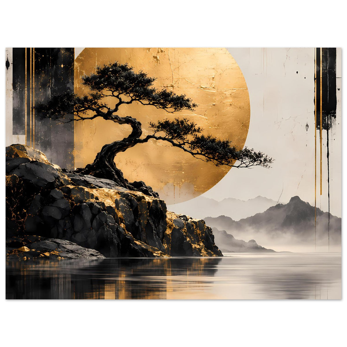 Breites Poster mit goldener Scheibe, schwarzem Baum, Felsen, Bergnebel und ruhigem Wasser