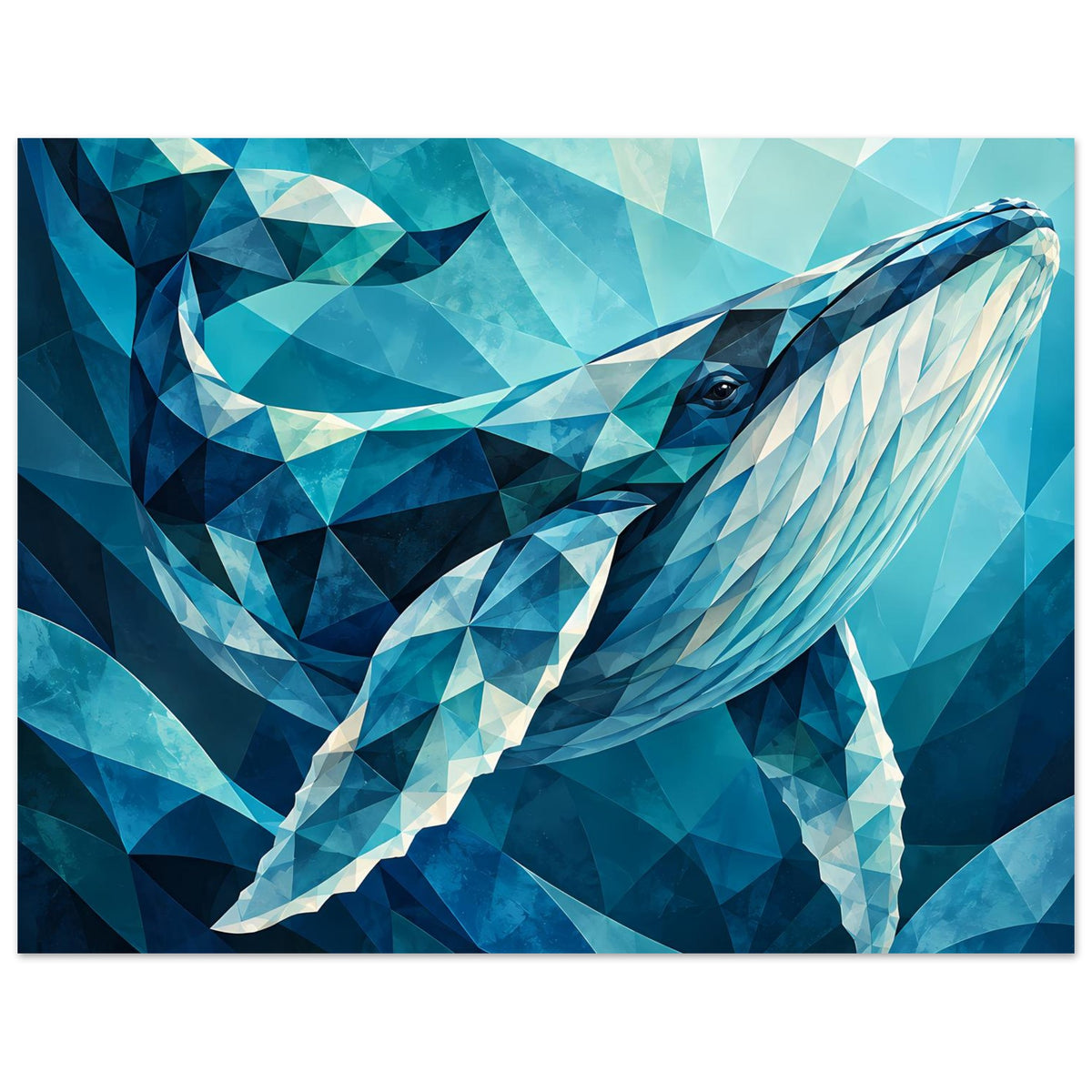Geometrisches Blauwal-Poster mit Walprofil und Flosse, Blau-Aquatintöne im Facetten-Look