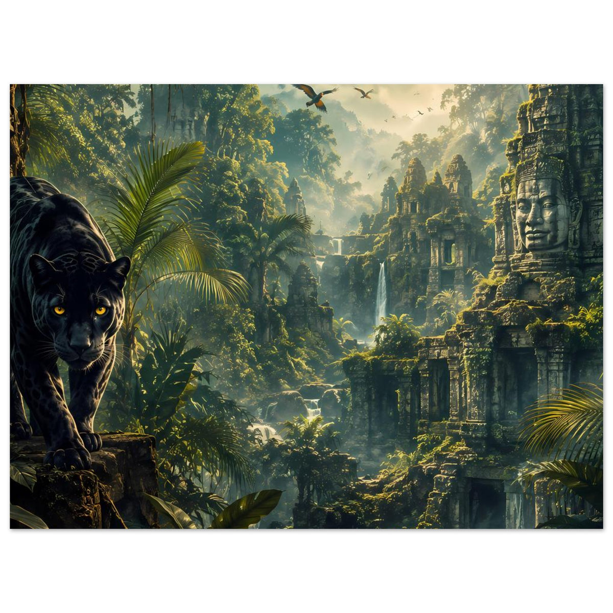 Horizontales Poster: Pantherblick, Dschungelwipfel und antike Steinskulptur