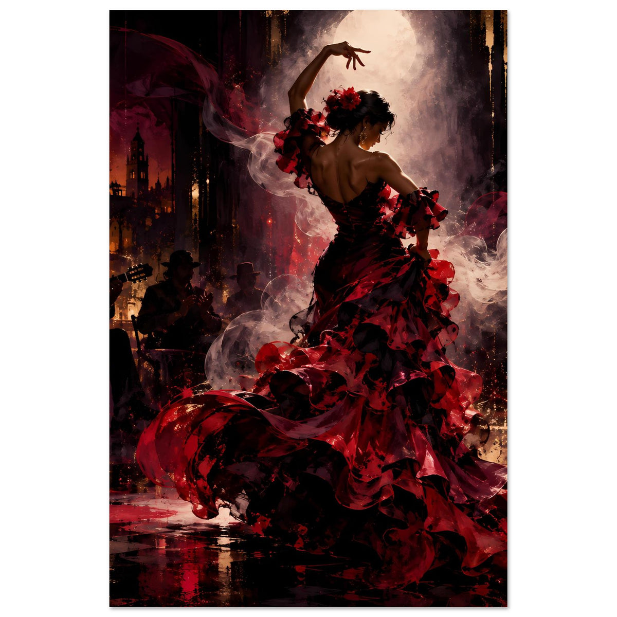 Poster im Hochformat mit Flamenco-Tänzerin in rotem Kleid, Blumen im Haar