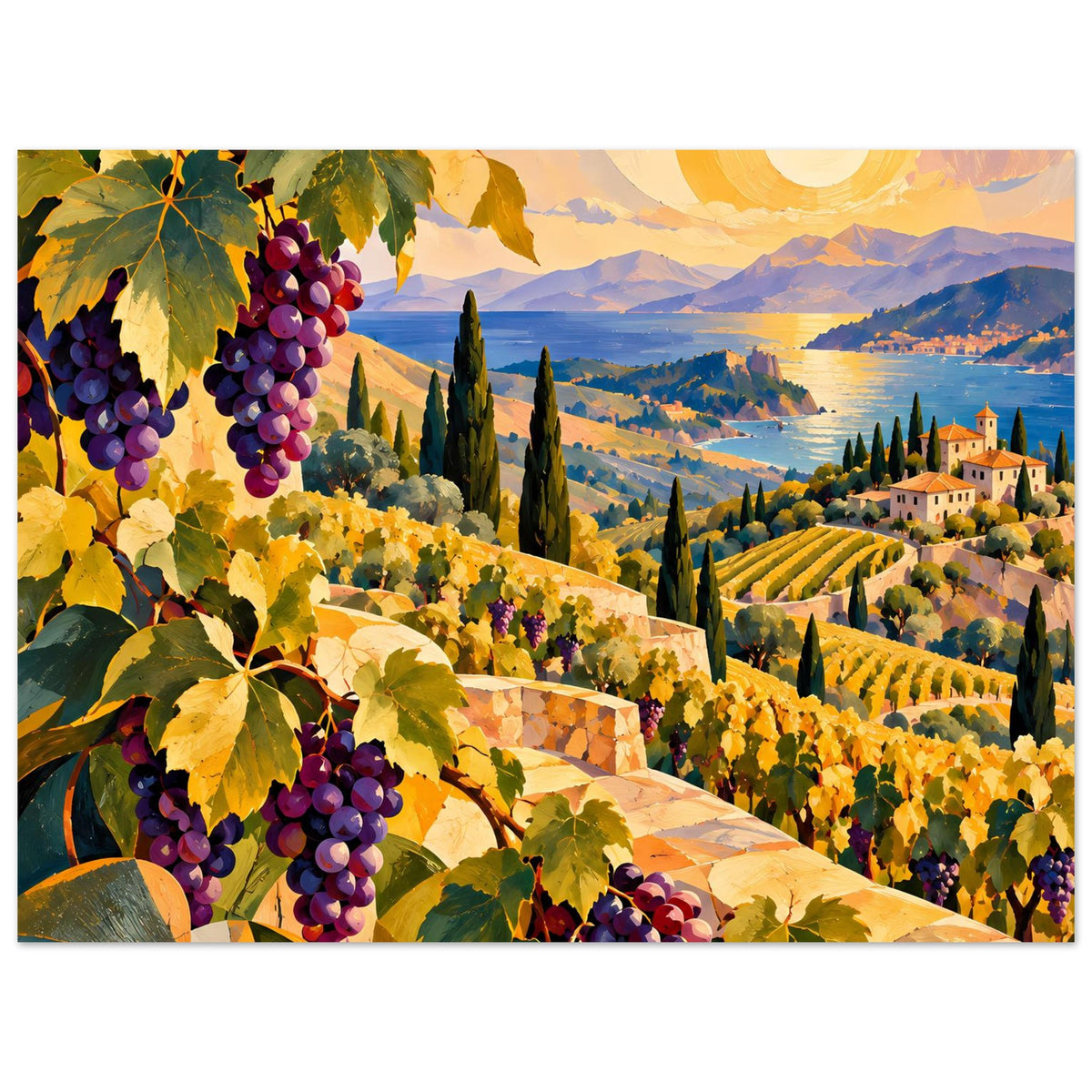 Poster mit Weinreben: violette Trauben und gelbe Blätter, Weinhänge, See und Abendhimmel