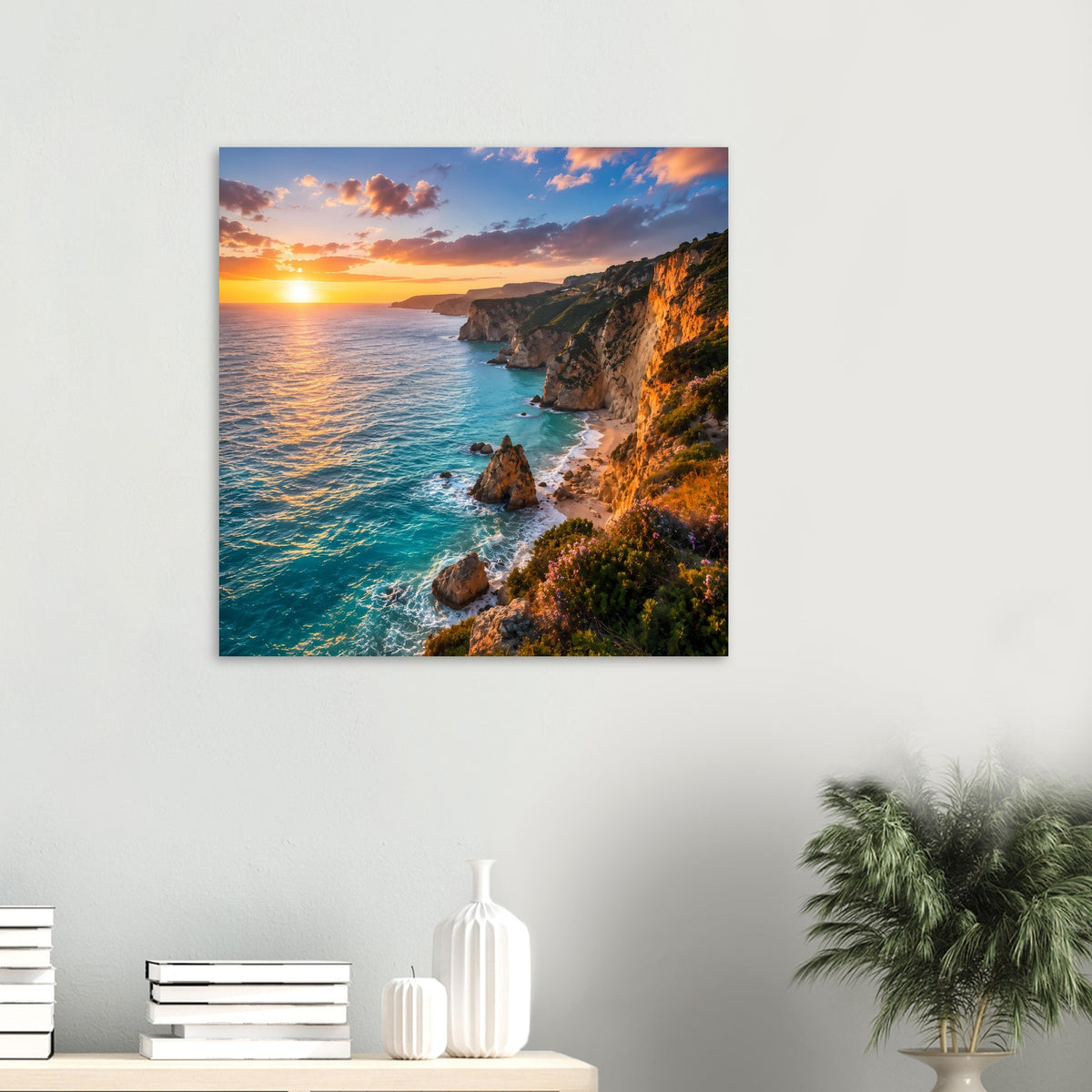 Quadratisches Poster mit Küste, Sonnenuntergang über blauem Meer und goldenem Licht