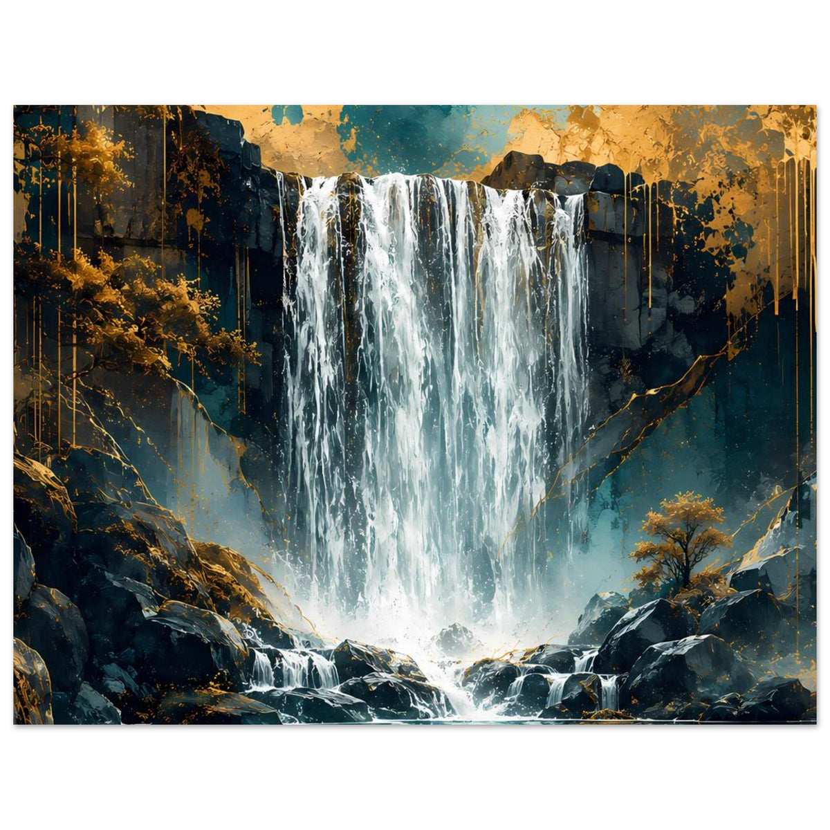 Wasserfall-Poster Panorama: türkis-weißes Wasser über Felsen, goldene Details