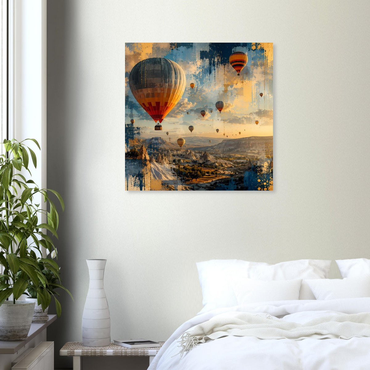 Wandposter mit Heißluftballons über Landschaft, Blau-Orange-Farbverlauf, abstrakt