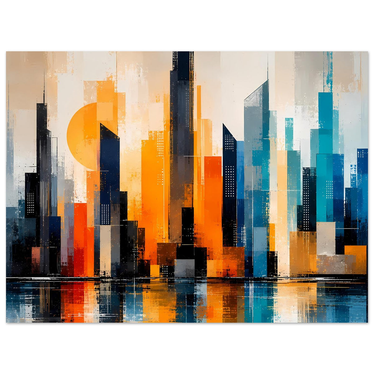 Abstraktes Stadtposter mit Hochhäusern in Orange und Türkis, spiegelnde Wasserfläche