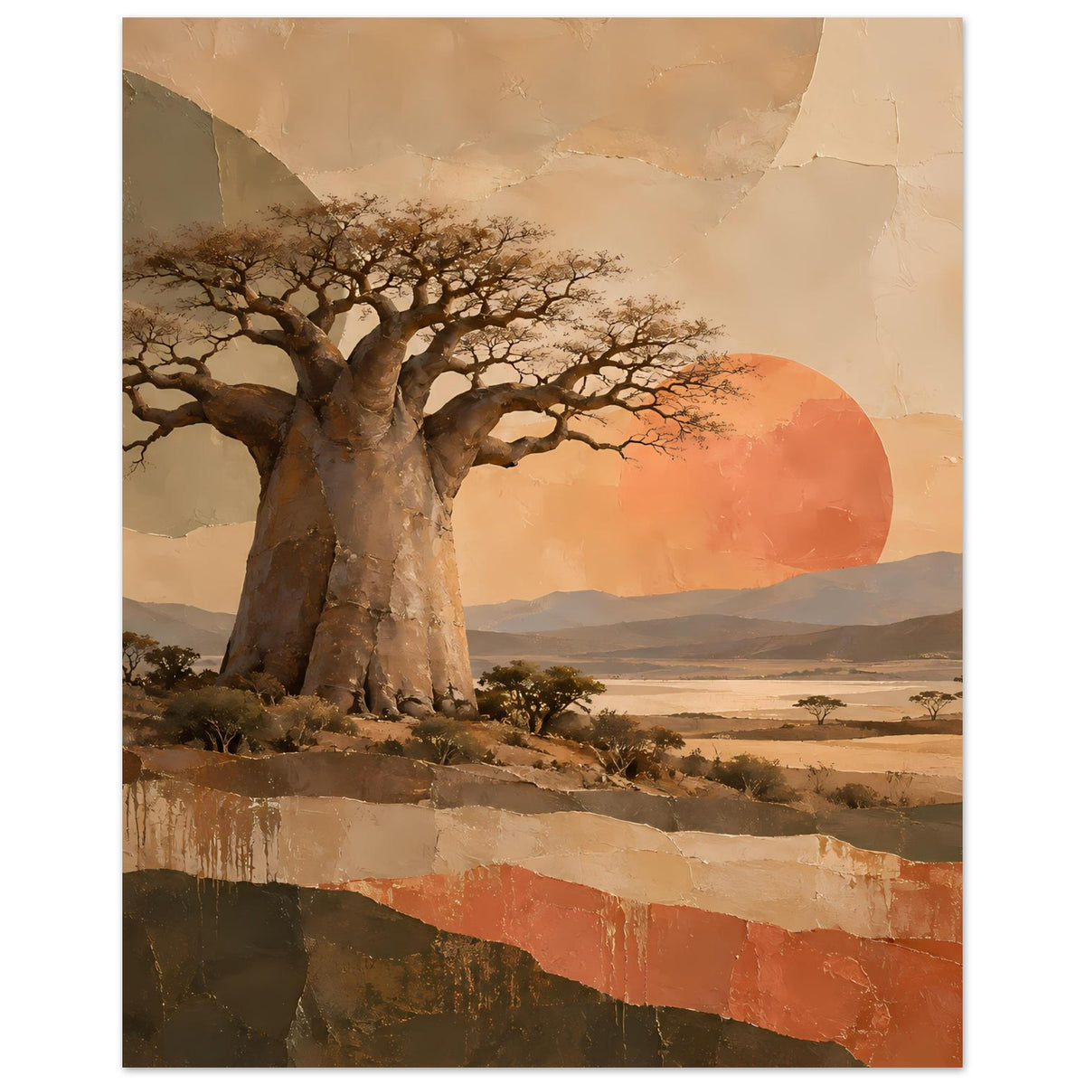 Naturposter: Baobabbaum mit dunklem, dickem Stamm und roter Sonnenkugel
