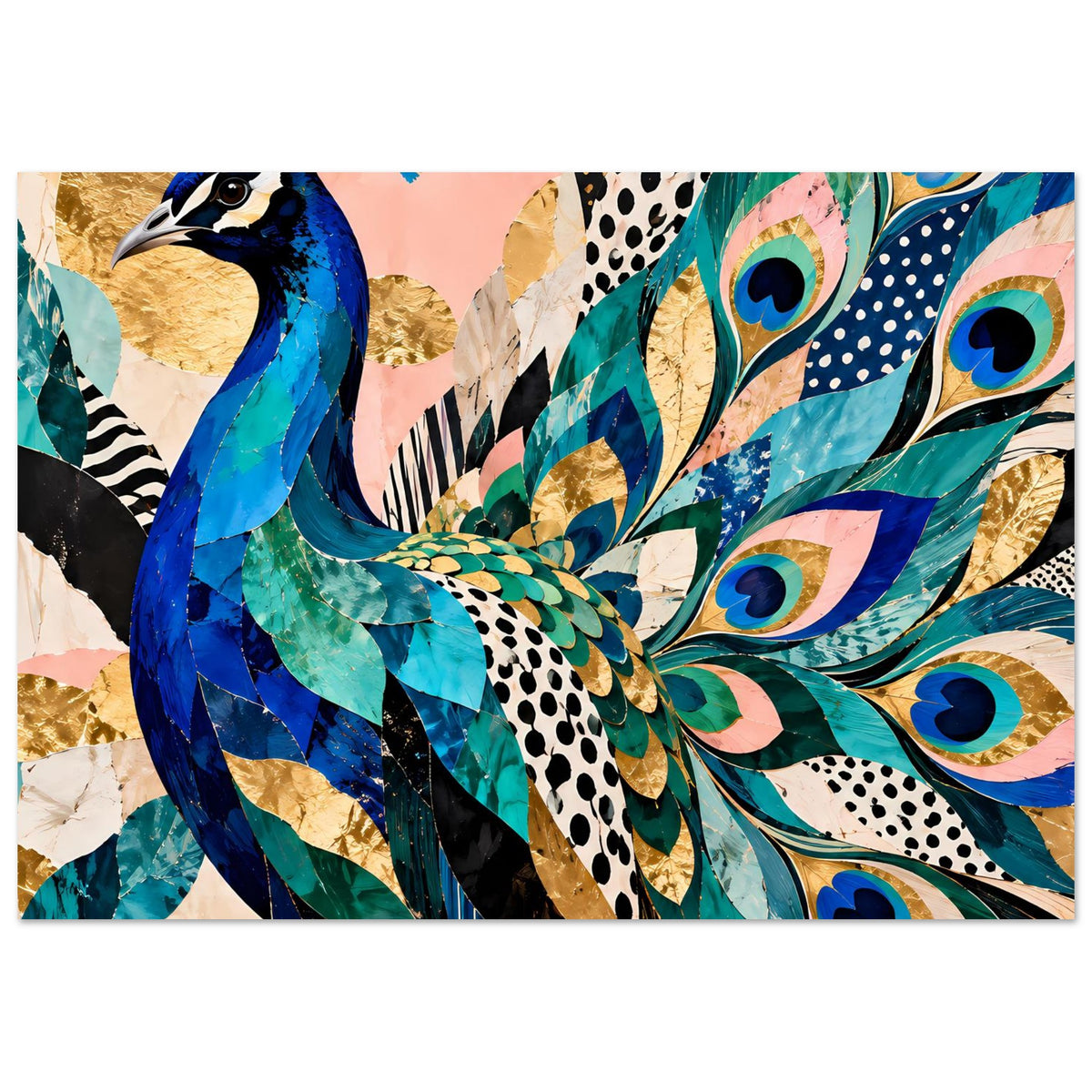 Pfau-Kunstposter im Querformat mit blauem Pfau und türkisblauen Augenfedern
