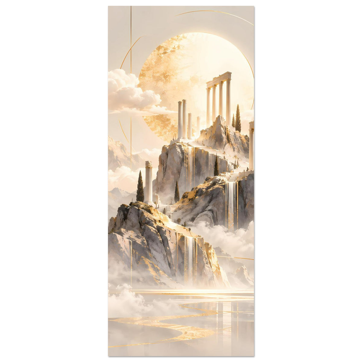 Schmales, vertikales Poster: Tempelmotiv mit goldenem Kreis über Felsen und Wasserfällen