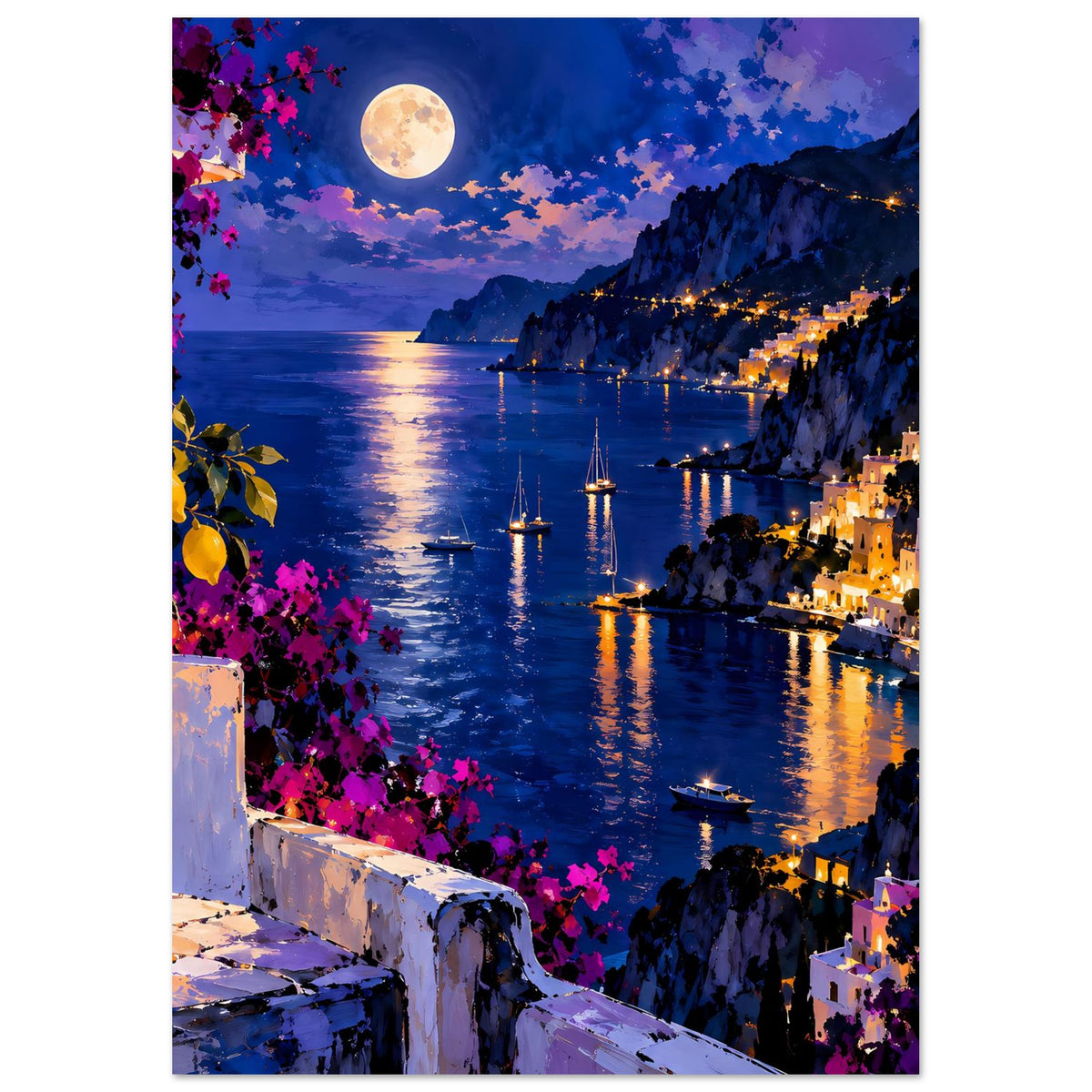 Beleuchtetes Küstendorf bei Nacht mit Bougainvillea-Blüten