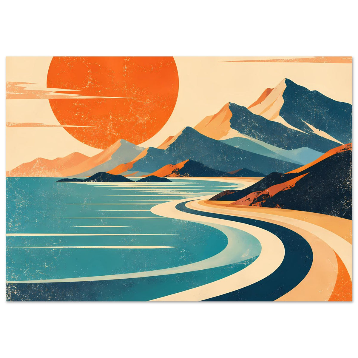 Breites Vintage-Poster: orange Sonne, blaugrüne See und kurvige Küstenlinie