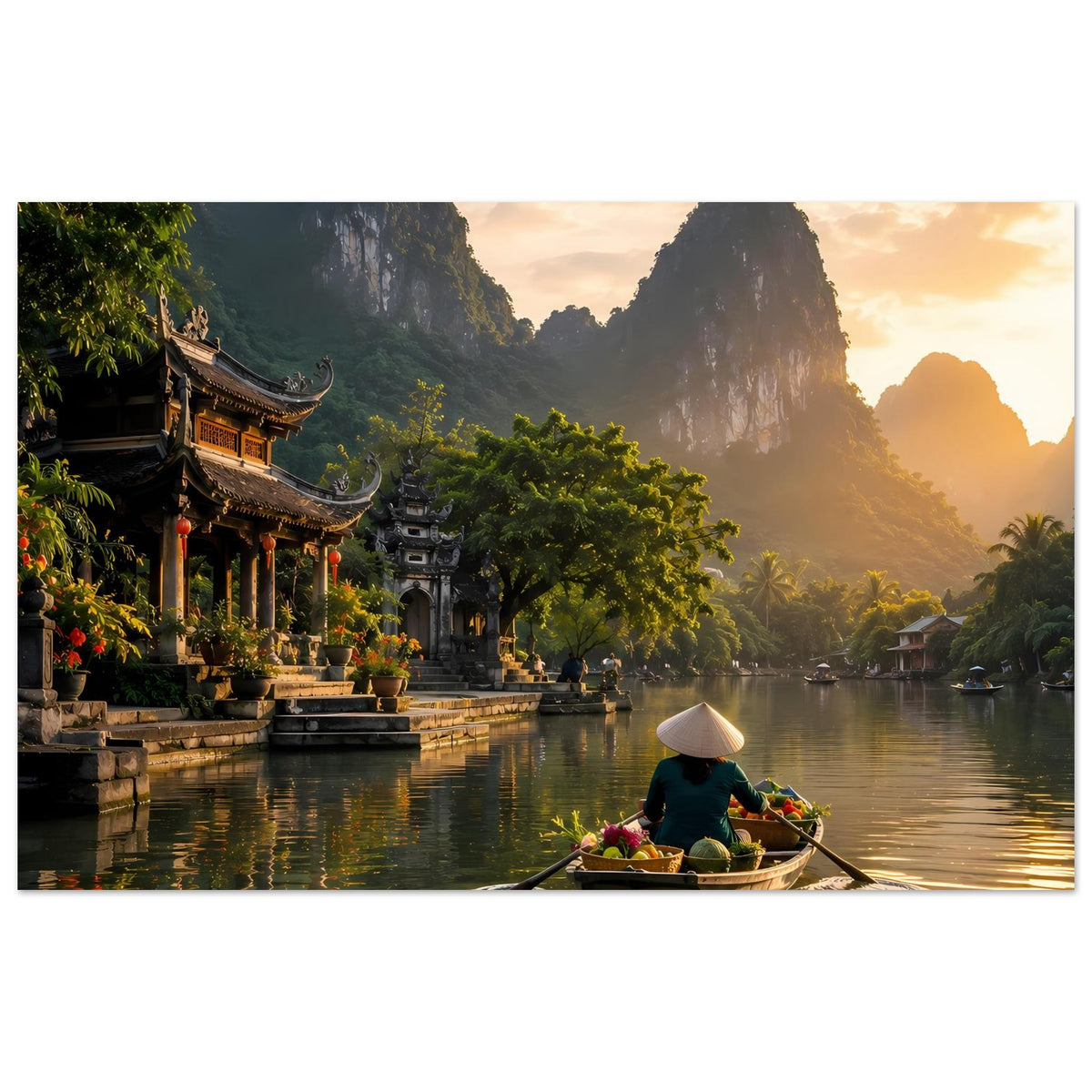 Fotoposter mit Flusslandschaft: Boot mit Blumen, üppiges Grün, Tempelanlage am Ufer