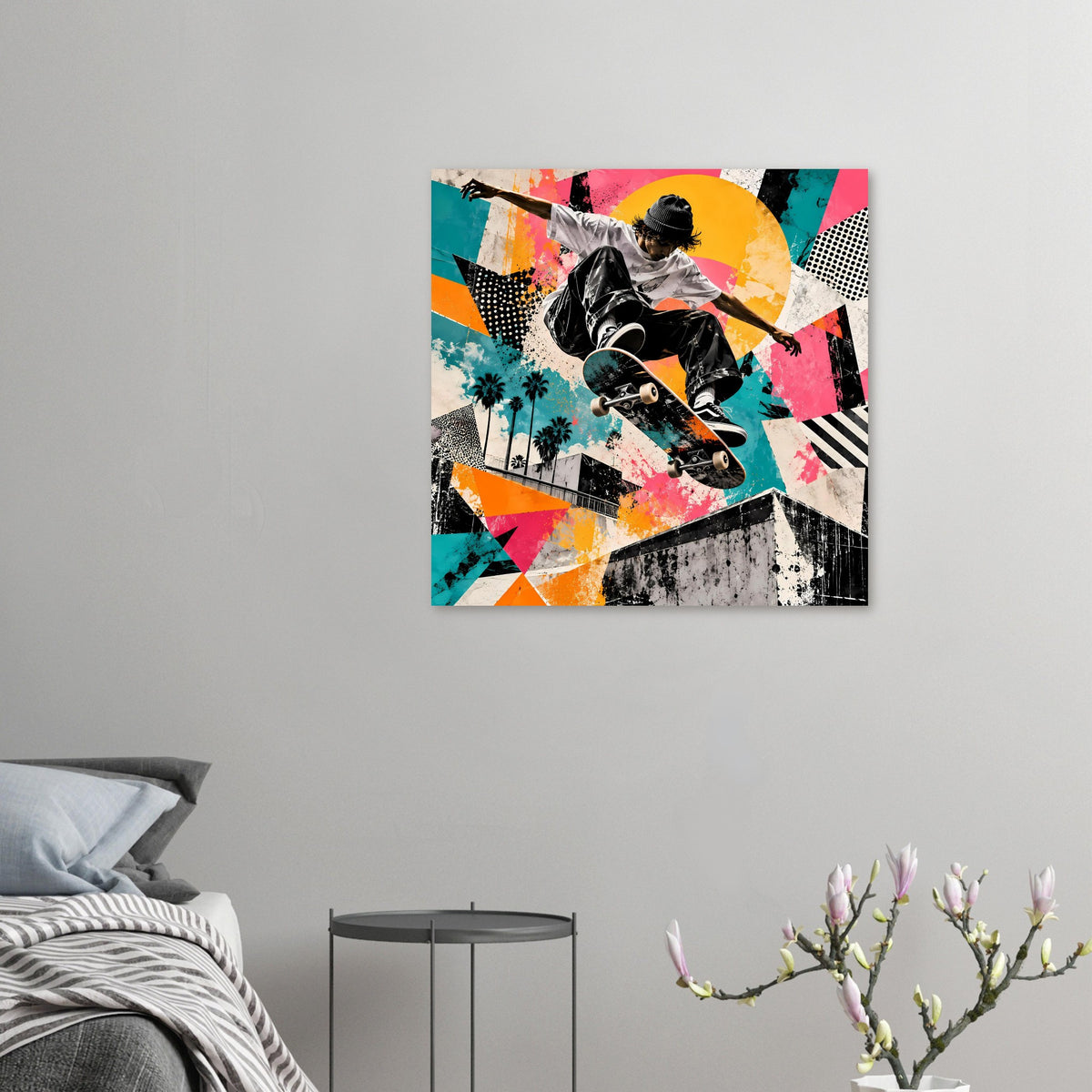 Kleines Poster im Querformat mit Skateboarder in Bewegung und Neon-Street-Art