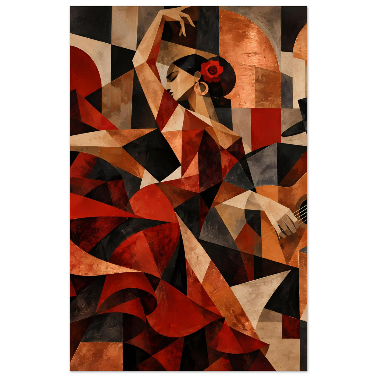 Hochkant-Kunstposter mit abstrakter Flamenco-Tänzerin in roten Erdtönen, Gitarre angeschnitten