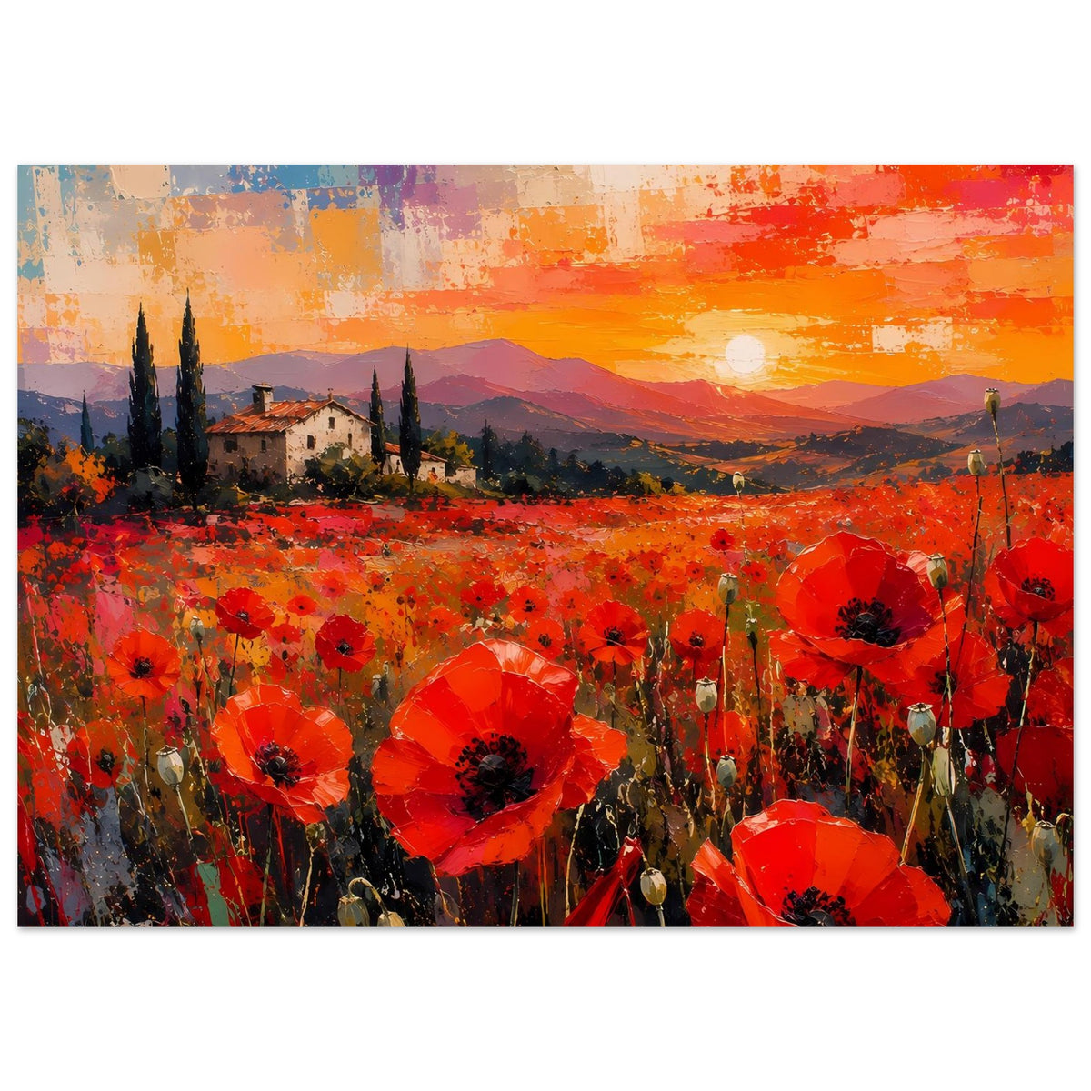 Poster mit rotem Mohnfeld, Sonnenuntergang und Landschaft mit kleinem Haus im Vordergrund