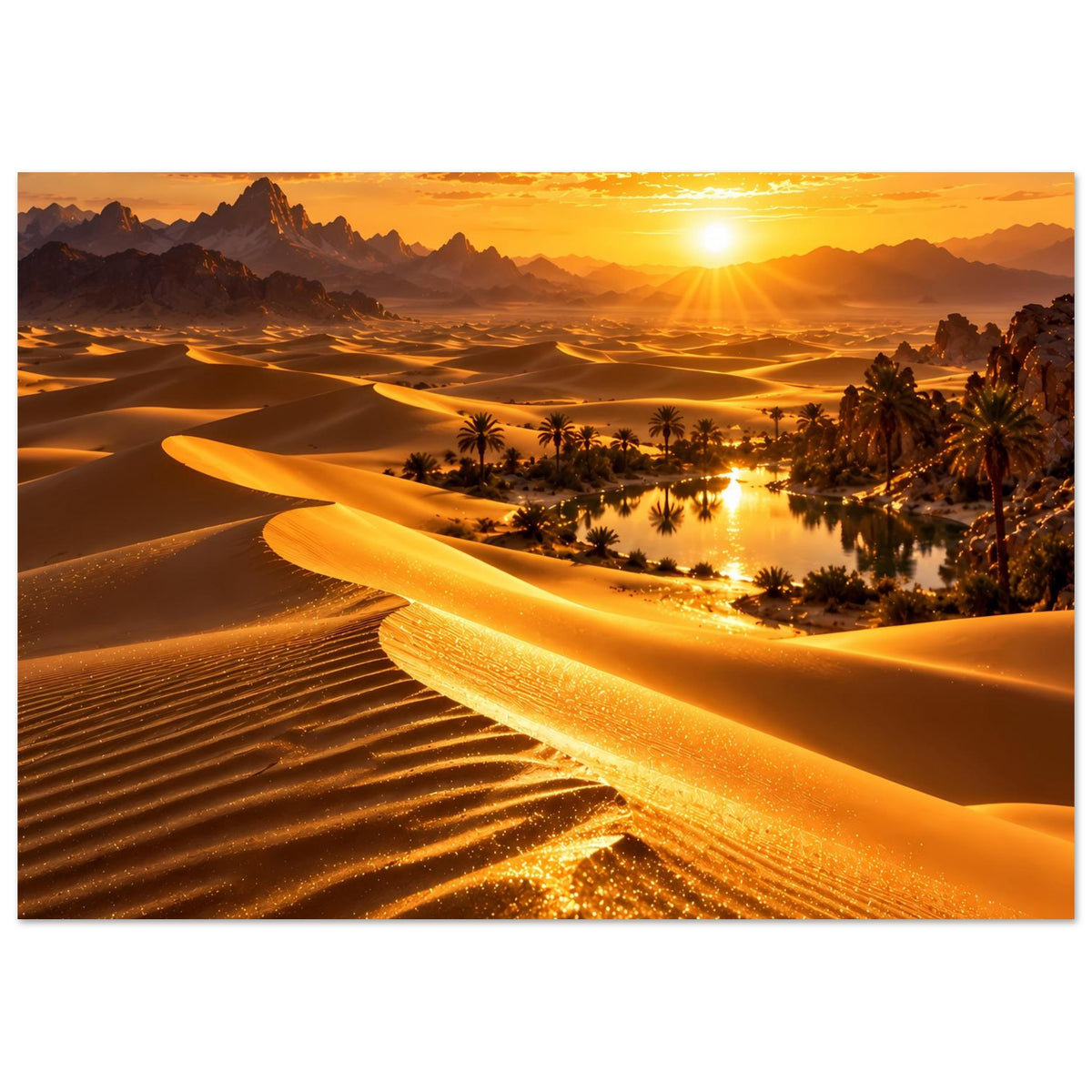 Horizontales Poster: goldene Dünen mit Oase und Sonnenstrahlen, warme Sunset-Farben