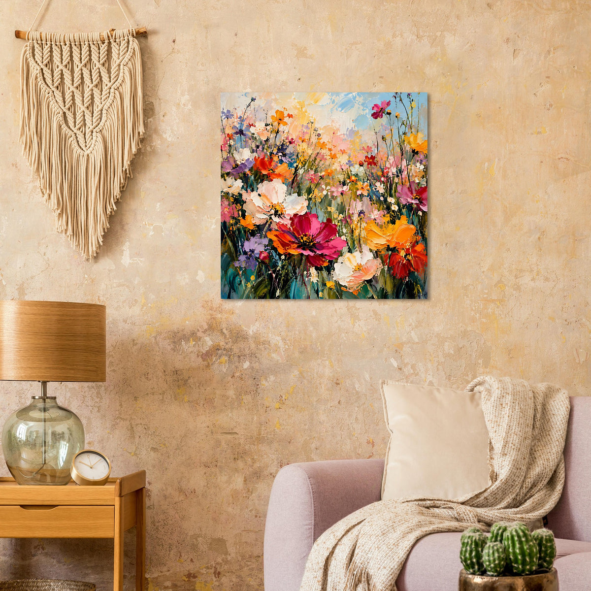 Blumenposter mit bunten Blumen und kräftigen Akzenten in Rot, Pink und Orange