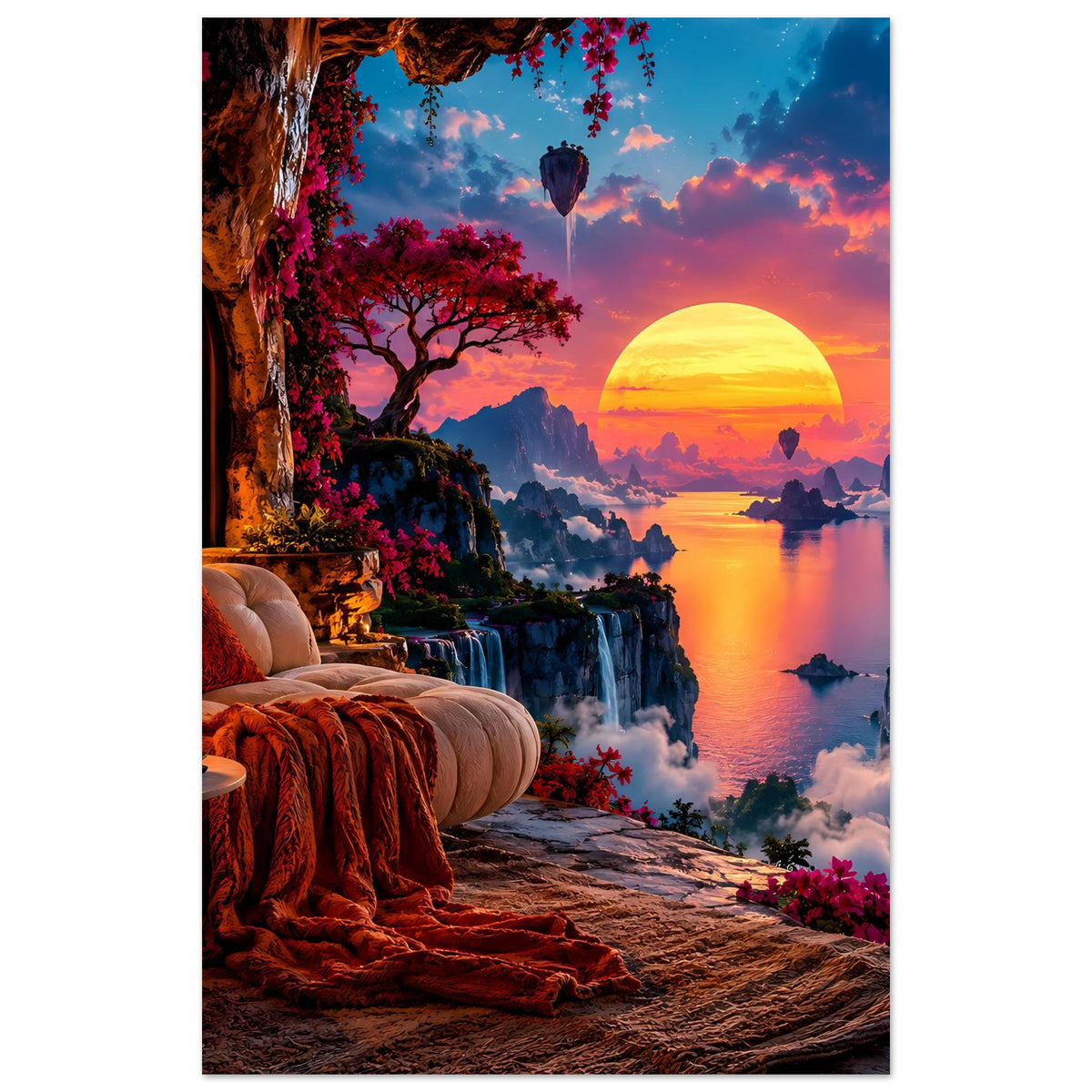 Hochformat-Poster mit surreale Landschaft: goldene Sonne, Berge, Wasser und Flusslandschaft.