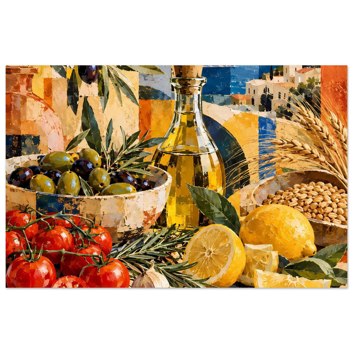 Kunstposter mit Stillleben: Ölgflasche, Oliven, Tomaten, Zitronen und Körnern auf Holzgrund