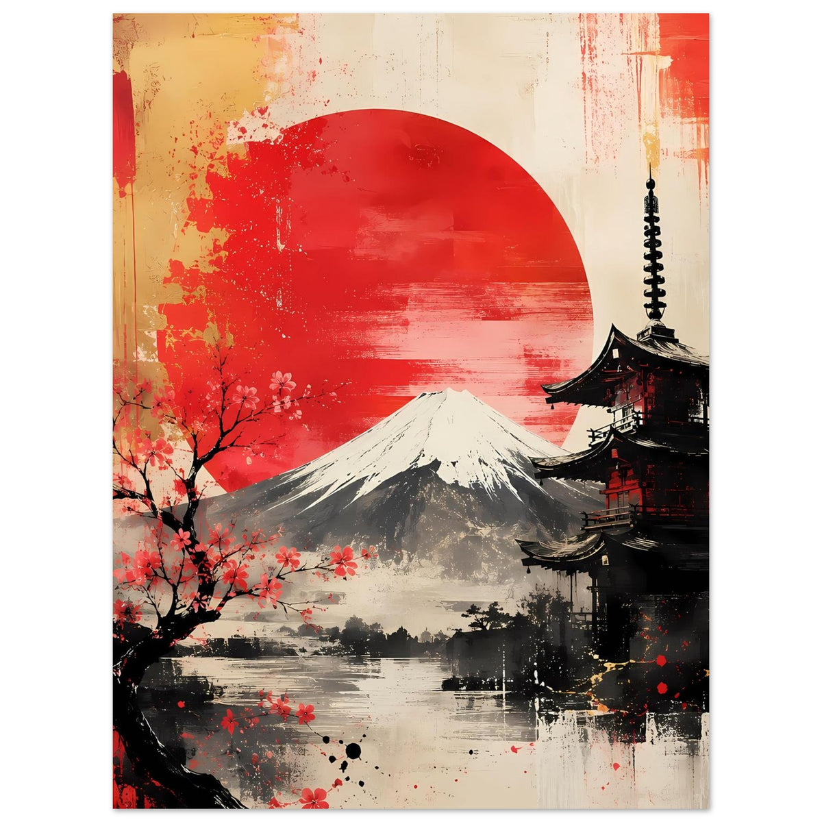 Kunstposter im Hochformat mit roter Sonne über Berg Fuji, Pagode und Kirschblüten