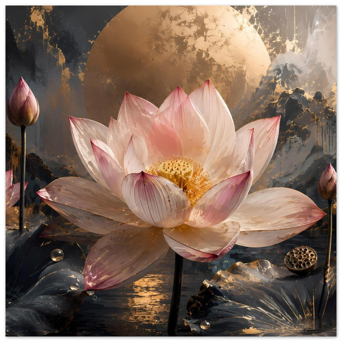 Poster mit rosa Lotusblüten und goldenem Blütenzentrum, umgeben von dunklen Blättern