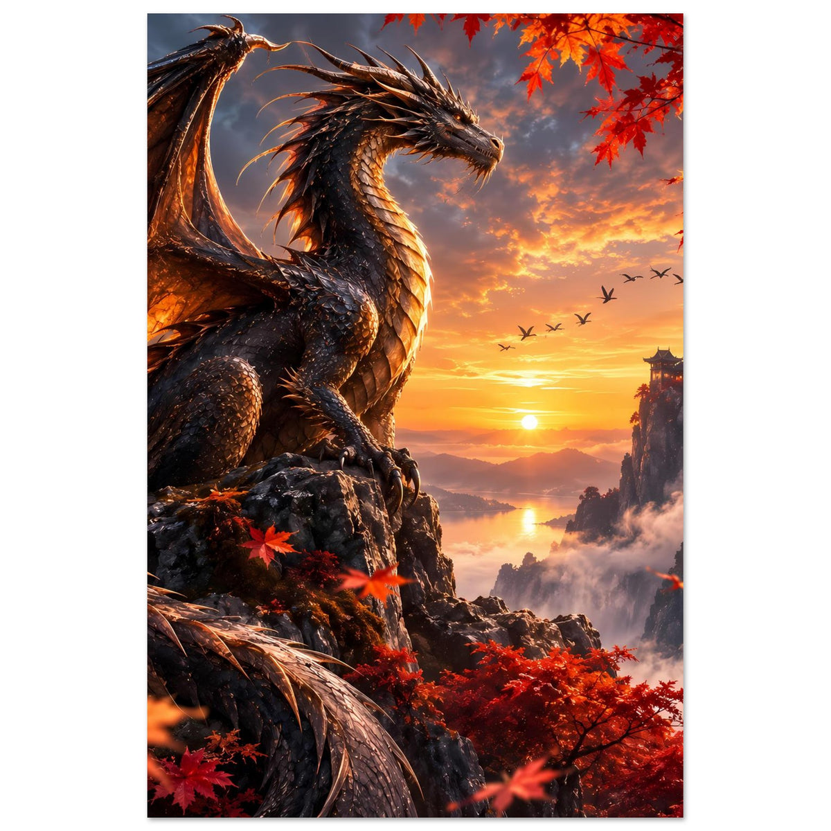 Poster: schwarzer Drache auf steinigem Vorsprung, rote Blätter, Tempel im Sonnenuntergang