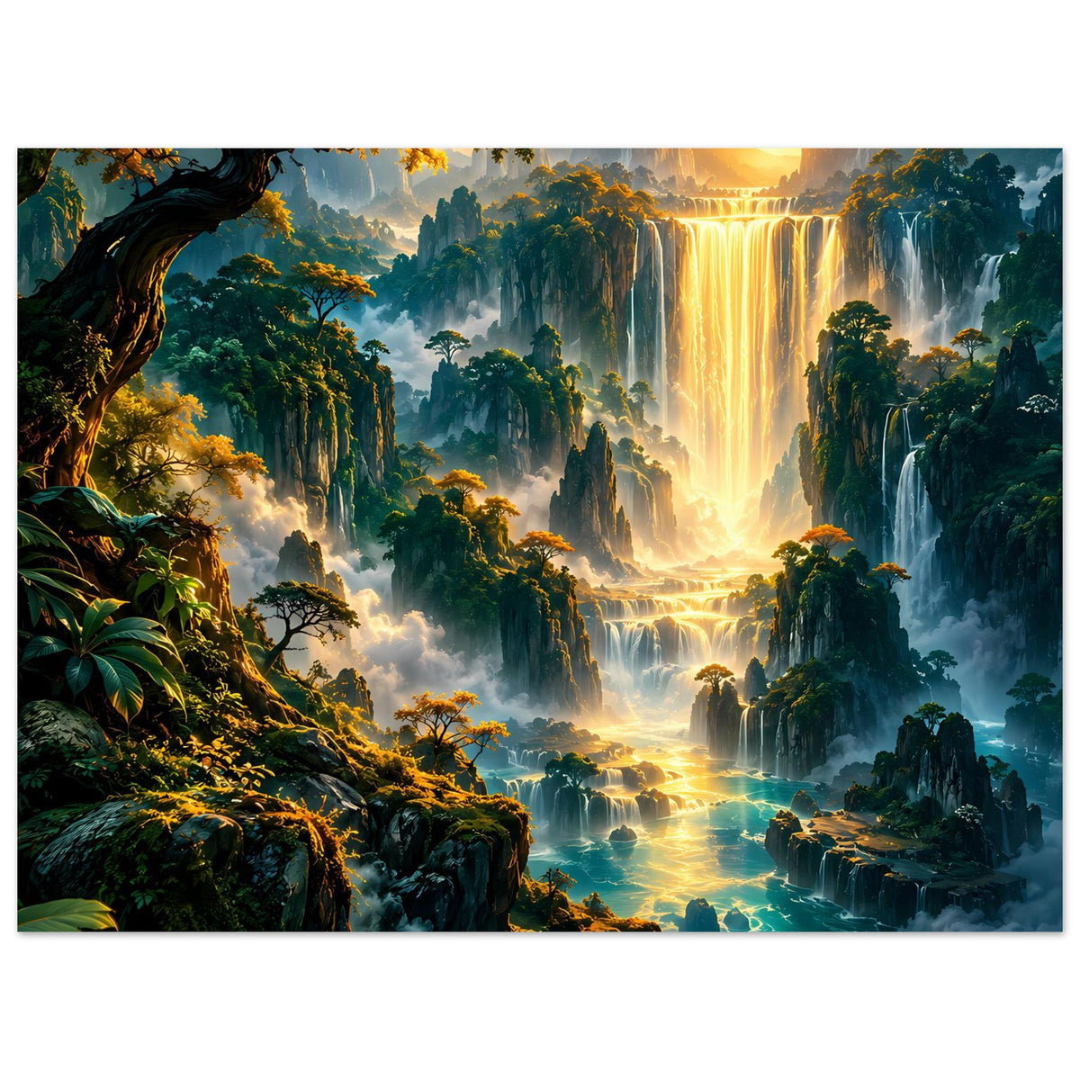 Gerahmtes Poster im Hochformat mit goldenem Wasserfall, Nebelwald und türkis schimmerndem Fluss