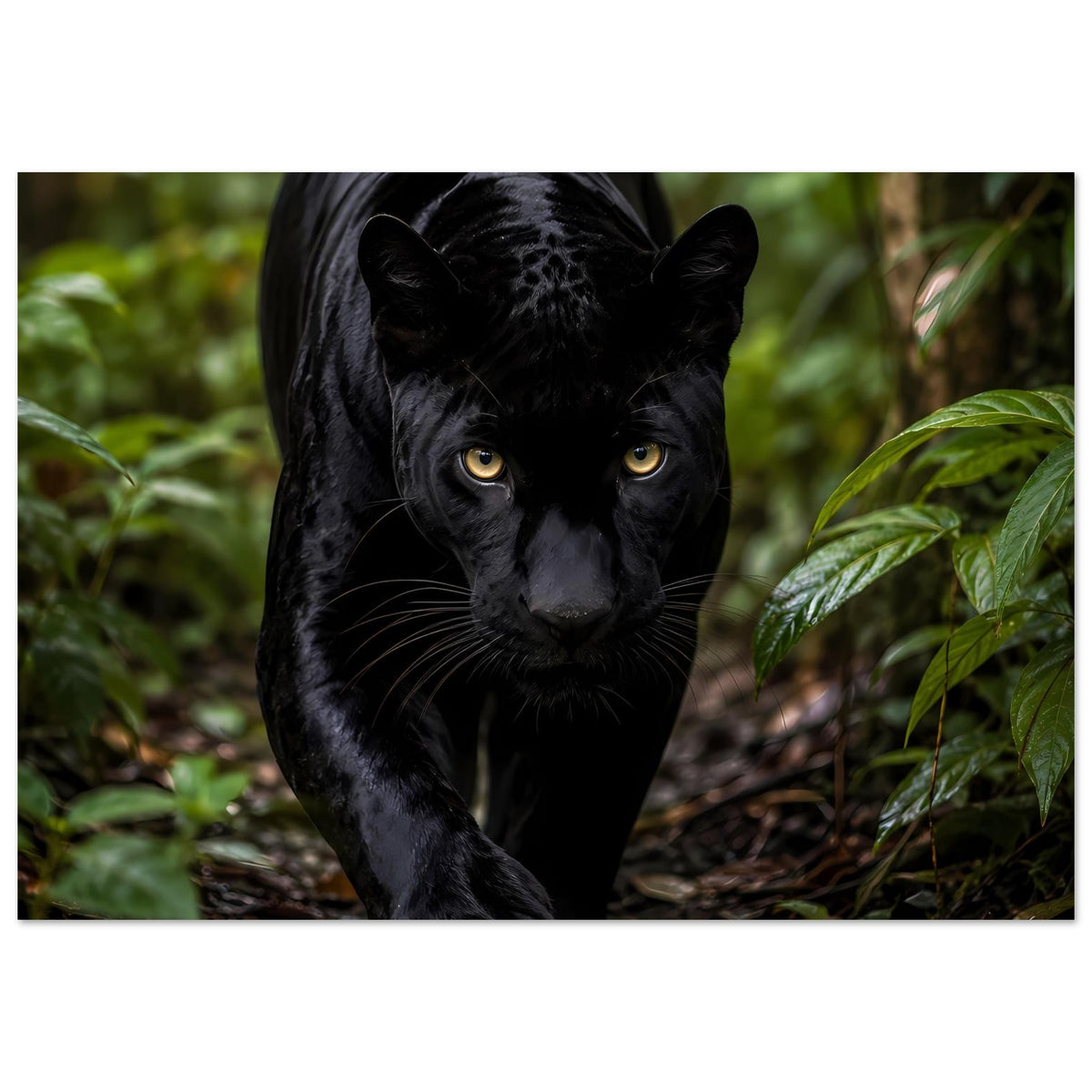Querformatiges Poster mit schwarzem Panther im Dschungel, Kopf und Brust im Fokus